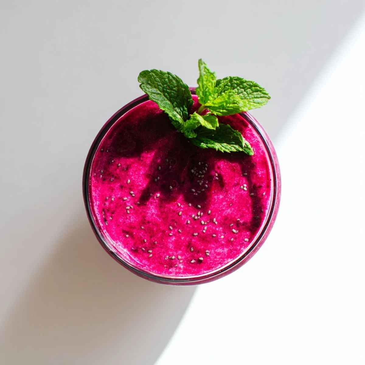 Vibrant magenta Beet Smoothie poured into a glass, garnished with fresh mint leaves