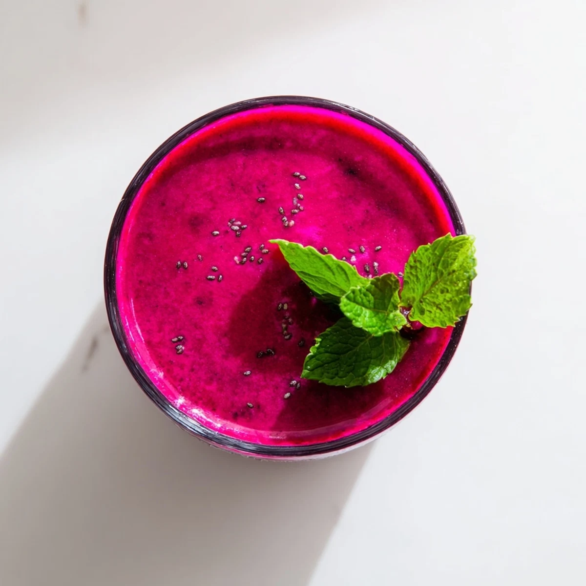 Glass of thick purple Beet Smoothie topped with chia seeds and fruit slices