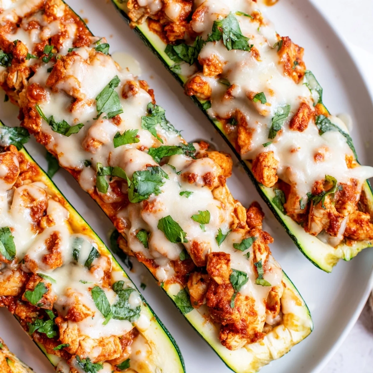 Golden roasted zucchini boats overflowing with creamy butter chicken and fresh herbs