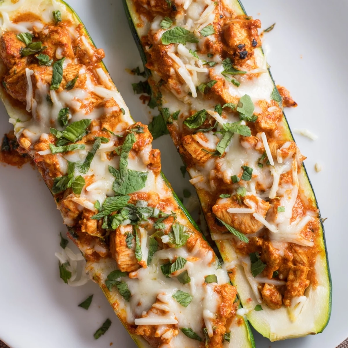 Indian fusion zucchini boats topped with fresh cilantro and melted mozzarella cheese