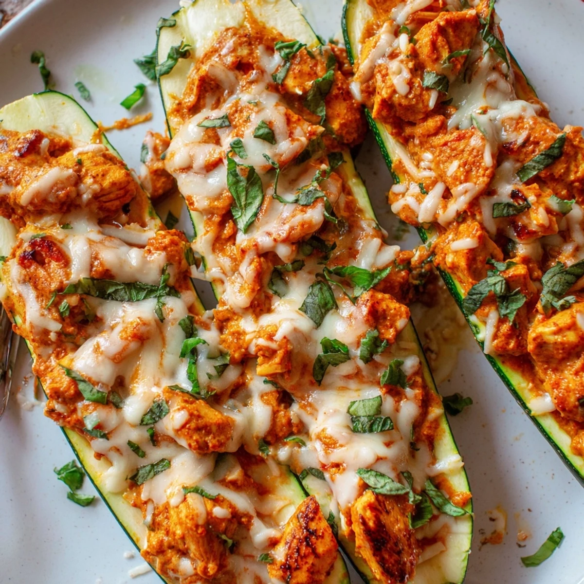 Tender baked zucchini halves stuffed with aromatic spiced butter chicken filling