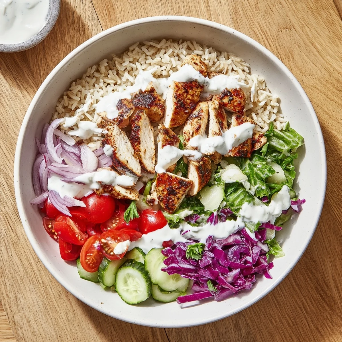 Vibrant meal prep bowl featuring marinated grilled chicken with crisp cucumber tomatoes and creamy tahini yogurt sauce drizzle