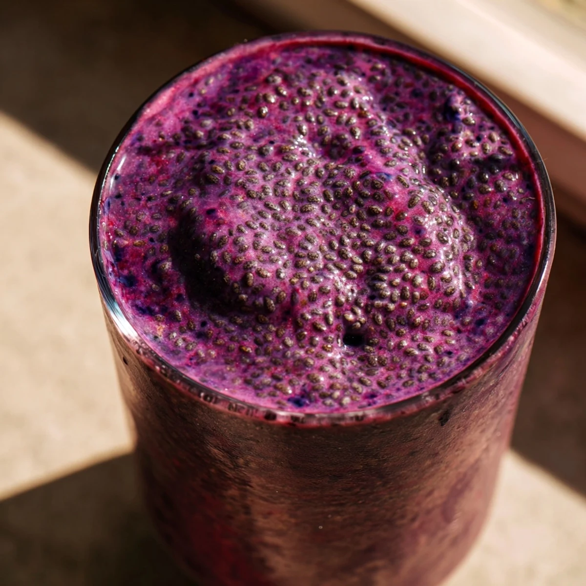 Thick purple chia seed smoothie layered with visible seeds and fresh berry chunks