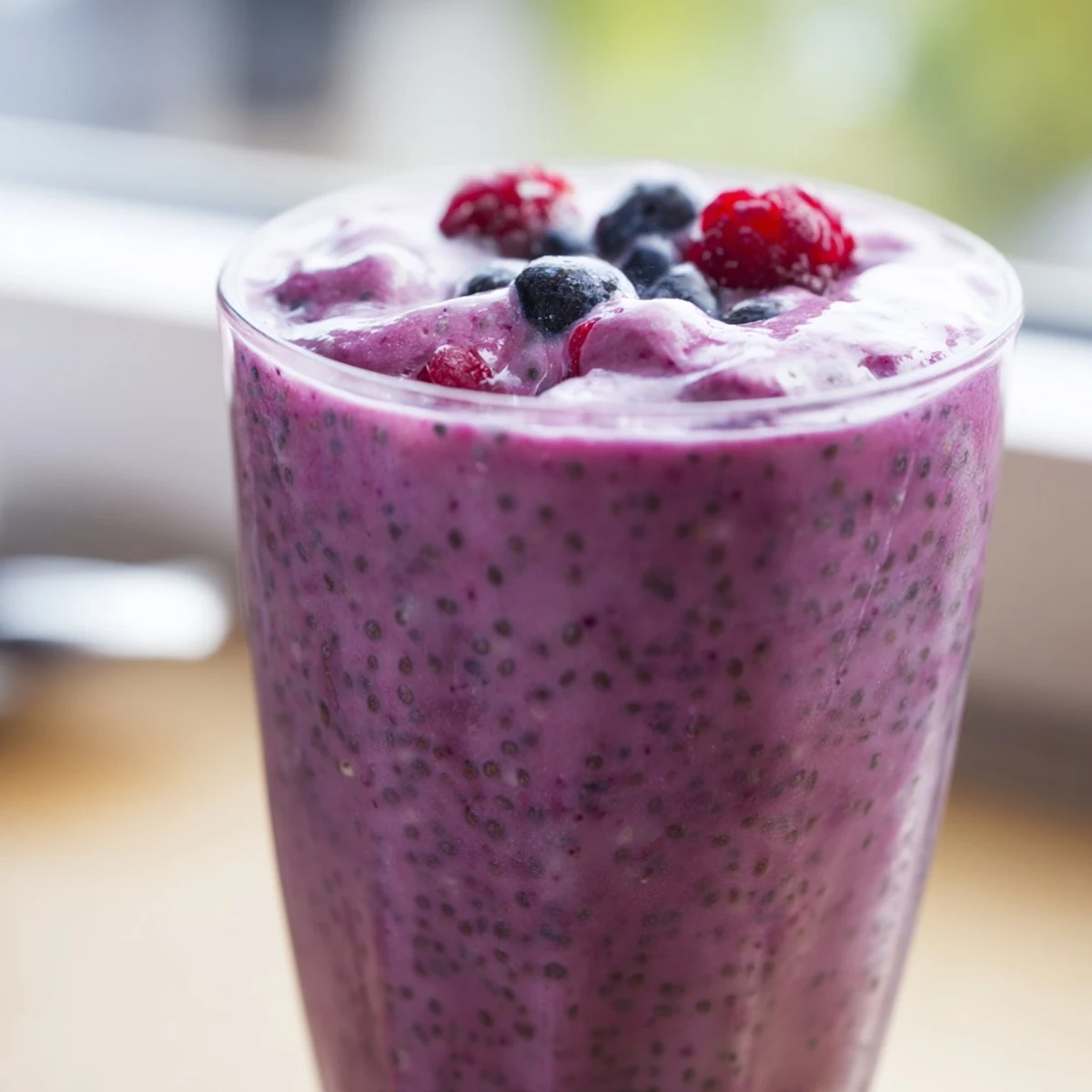 Creamy chia seed smoothie topped with granola and sliced strawberries in a glass