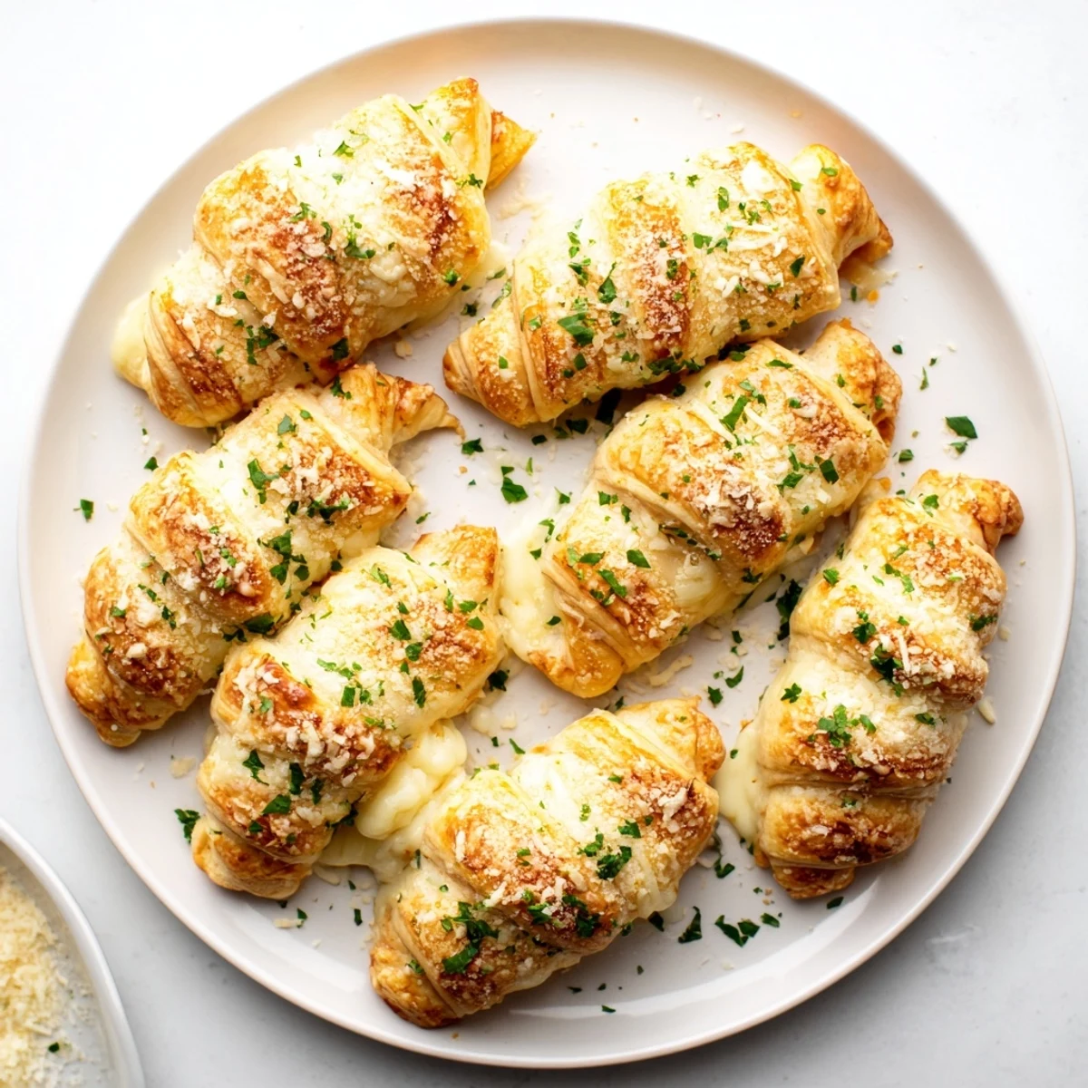 Oven-baked appetizer rollups oozing with three cheese blend and aromatic garlic glaze