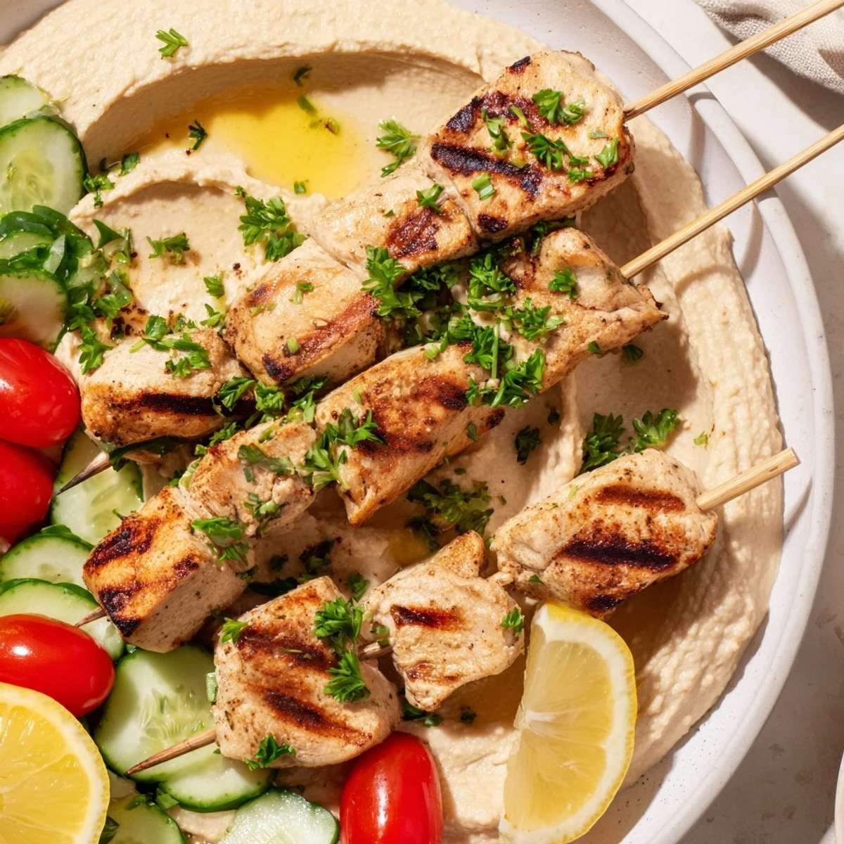 Golden grilled Mediterranean chicken skewers arranged over creamy hummus spread with fresh parsley garnish
