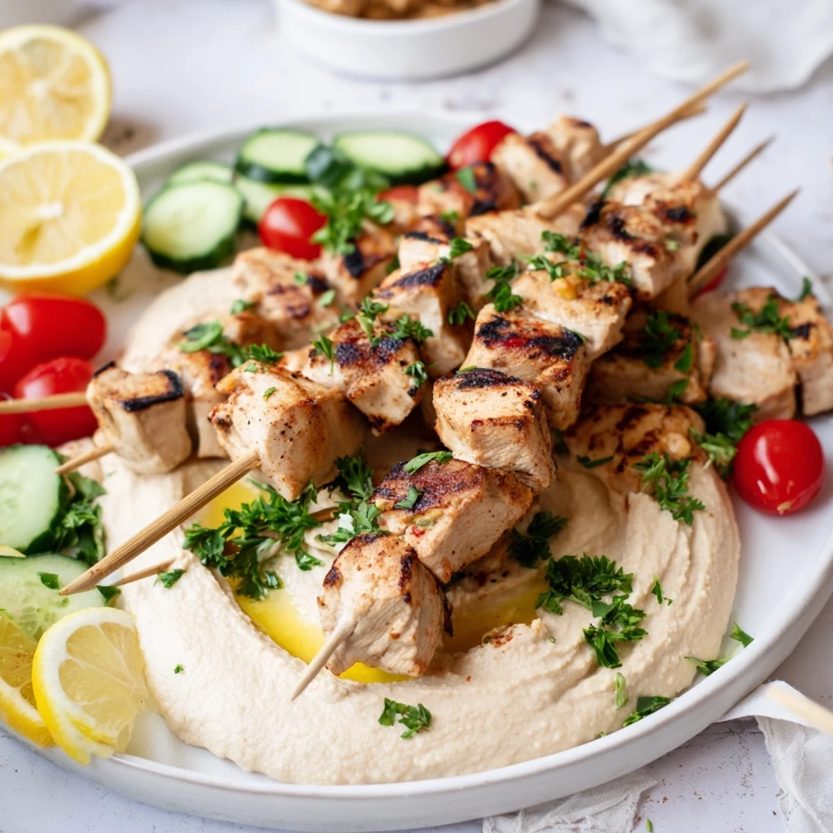 Charred Mediterranean chicken skewers plated atop velvety hummus spread with pita bread and fresh vegetables