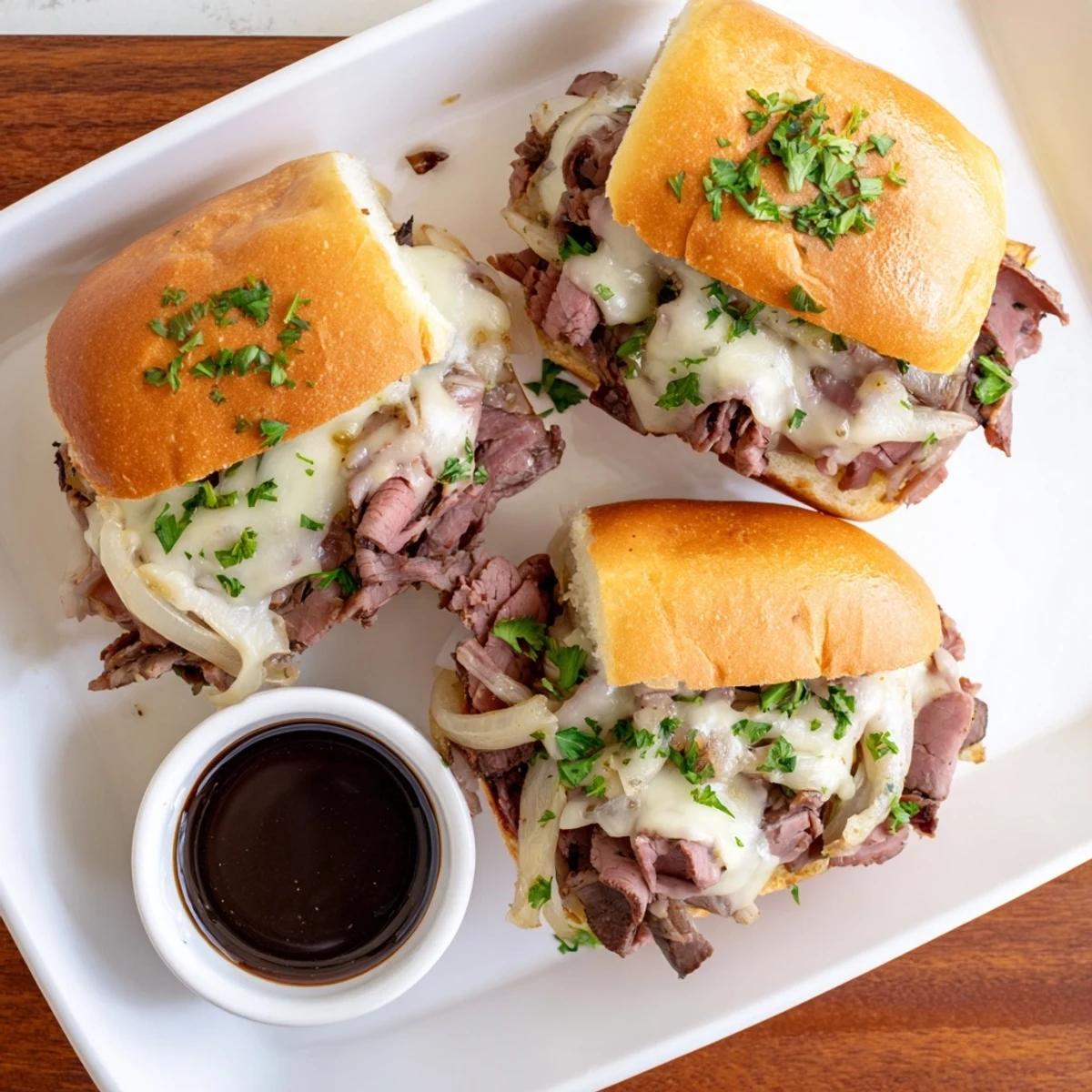 Baked French dip sliders featuring caramelized onions and savory roast beef stacked on soft slider buns alongside small bowls of warm beef broth