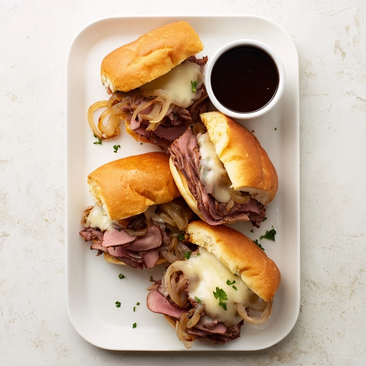 Hearty French dip sliders with melty provolone cheese and juicy roast beef served on golden mini rolls with dark flavorful dipping sauce