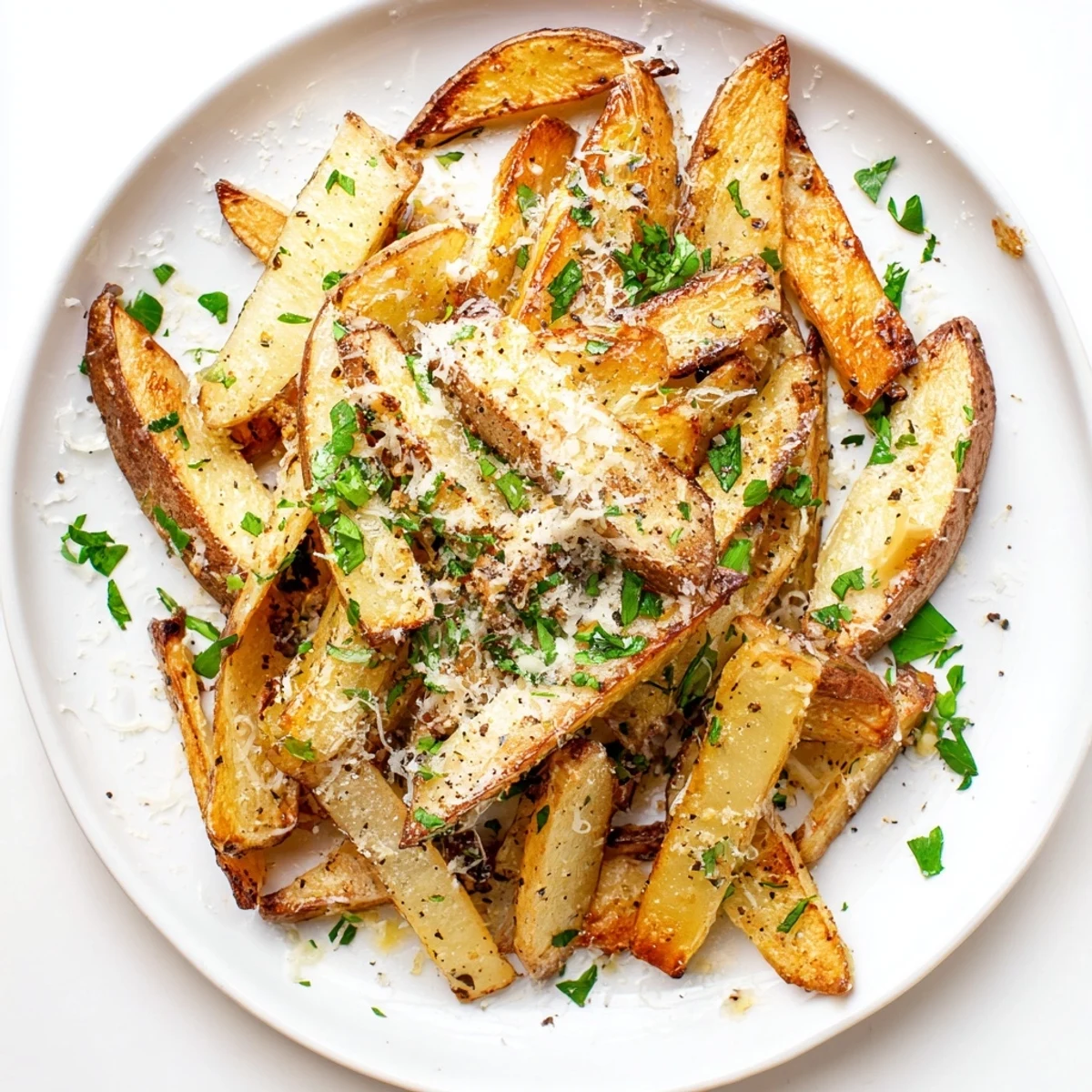 Golden homemade truffle fries topped with freshly grated Parmesan cheese and parsley.