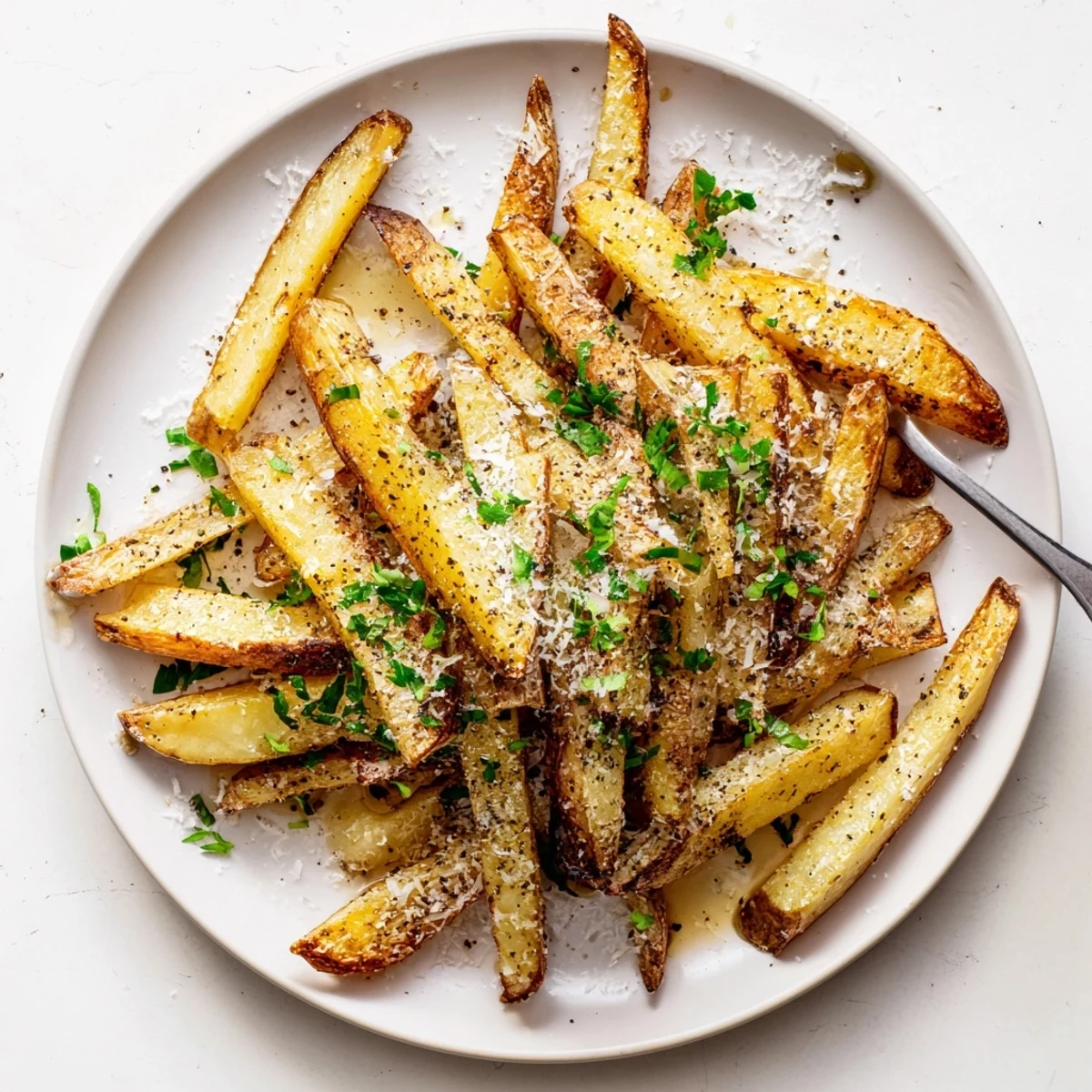 Plate of homemade truffle fries crowned with grated Parmesan and black pepper.