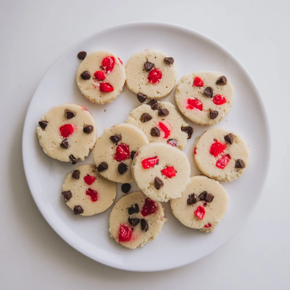 Golden Christmas maraschino cherry shortbread cookies studded with bright red cherries on white plate