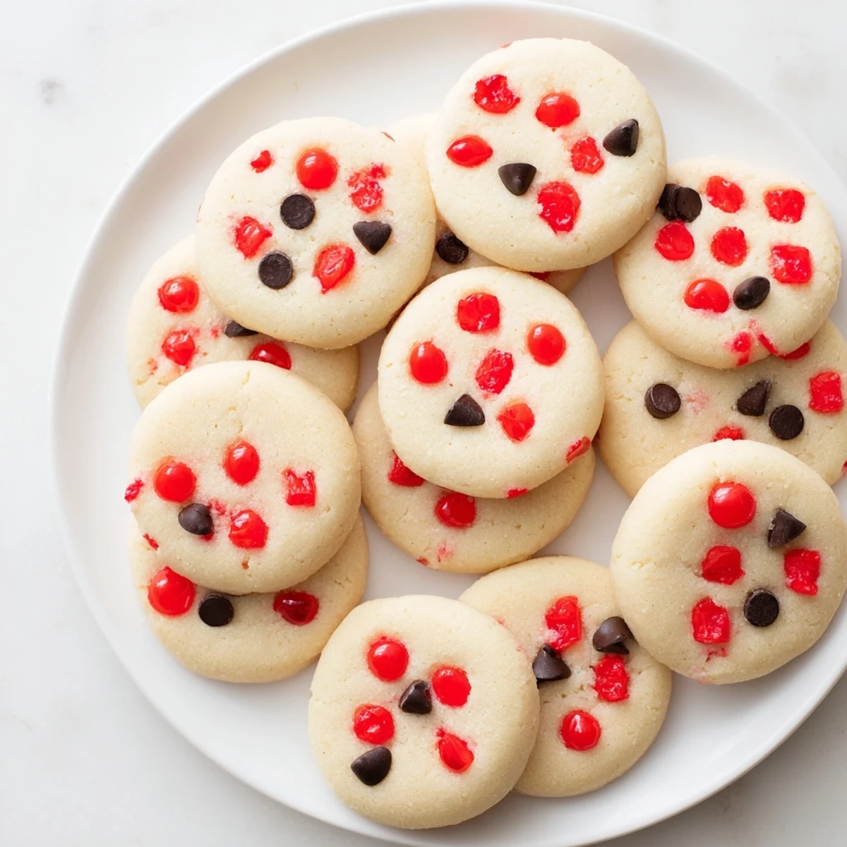 Festive holiday shortbread cookies with chopped maraschino cherries and chocolate chips arranged on platter