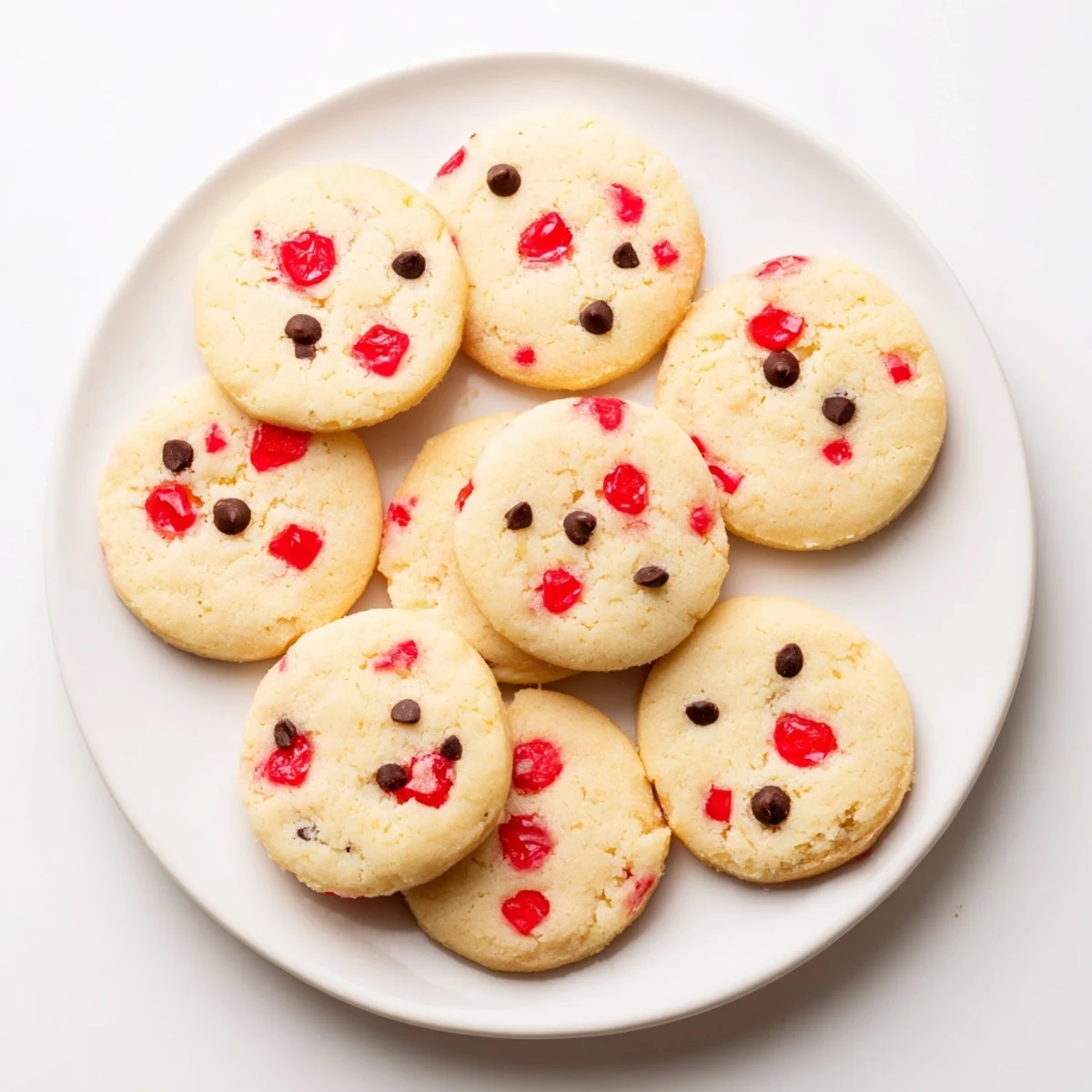 Buttery Christmas shortbread rounds dotted with sweet red maraschino cherries, perfect for holiday gifting