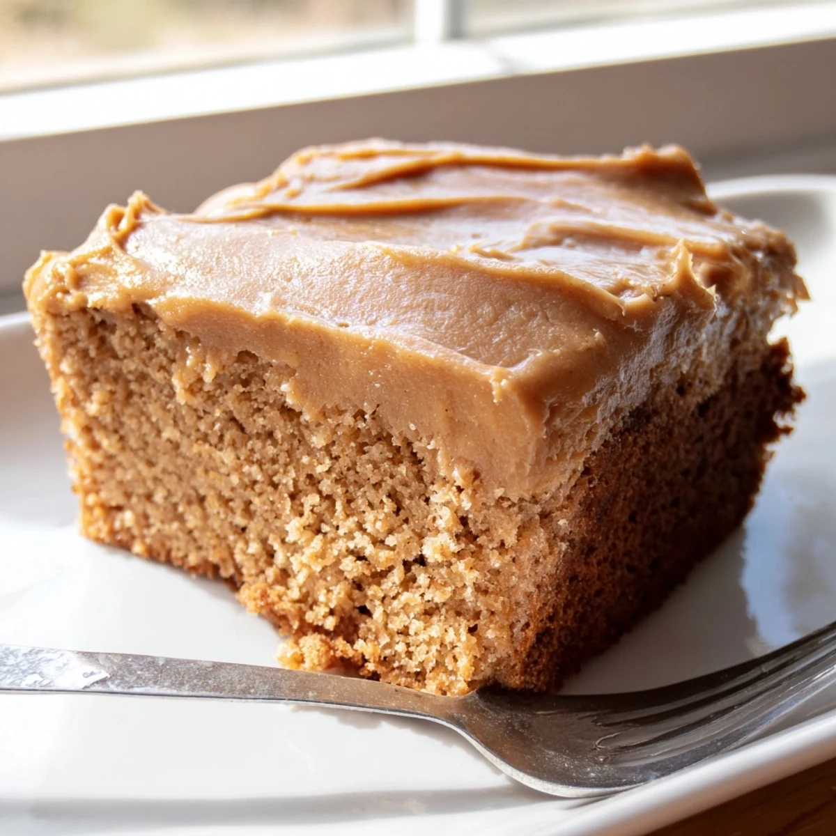Thick banana bread brownies topped with creamy brown butter frosting on a white plate