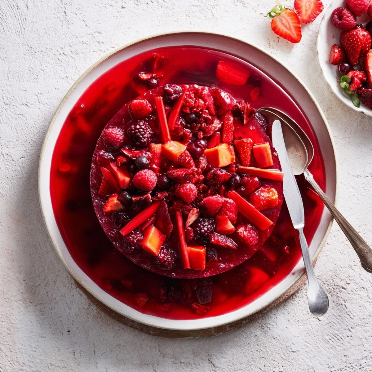 Glowing jar of homemade strawberry rhubarb raspberry jam showcasing layers of vibrant red fruits