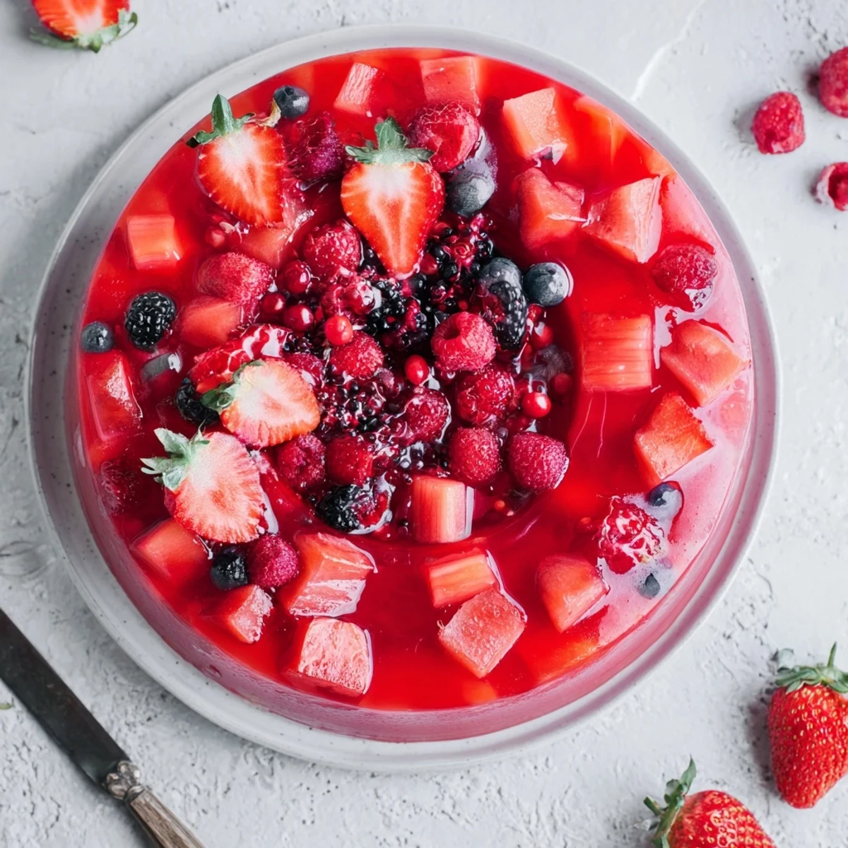 Spoonful of tangy strawberry rhubarb raspberry jam glistening atop freshly toasted artisan bread