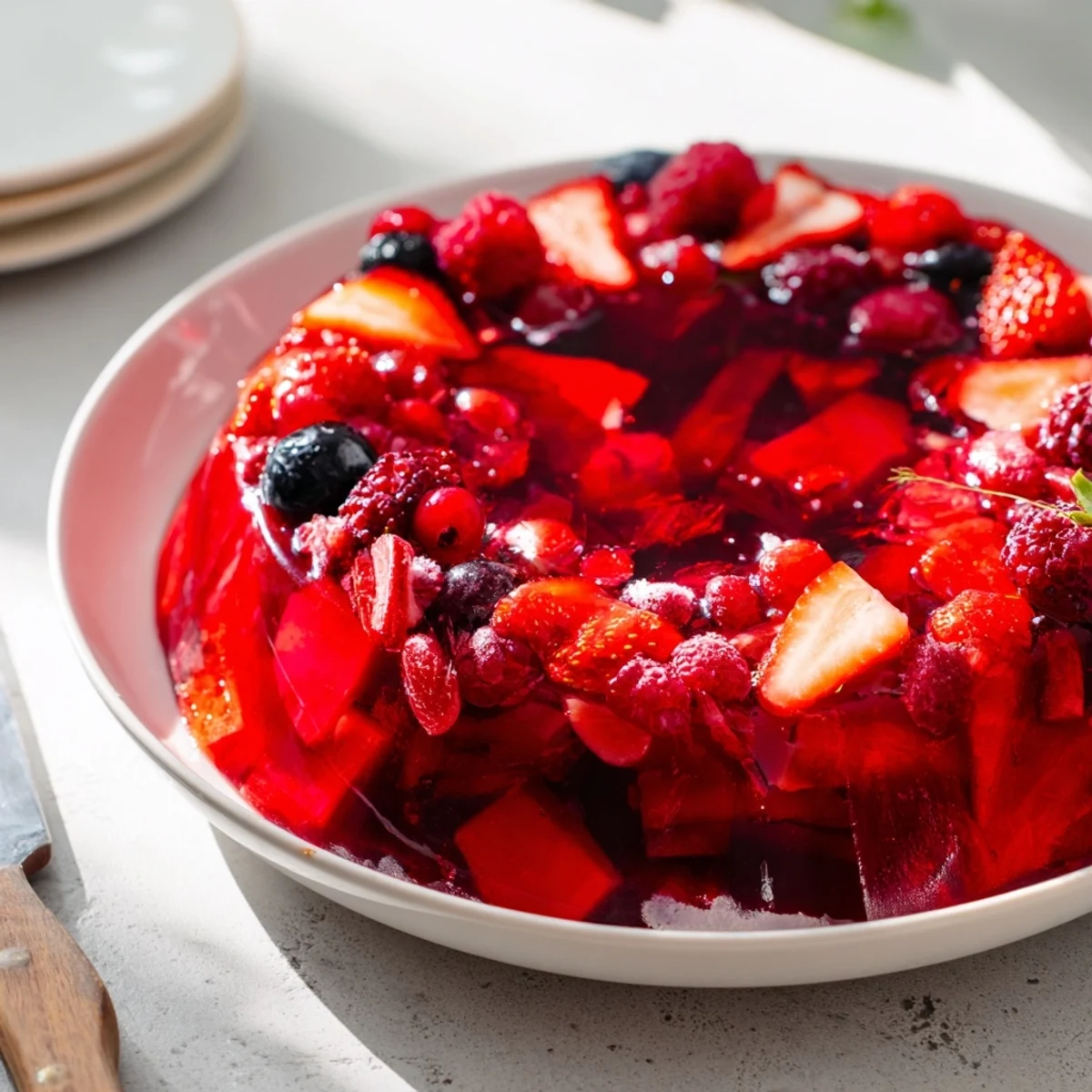 Glass container filled with bright ruby strawberry rhubarb raspberry jam ready for breakfast spreads
