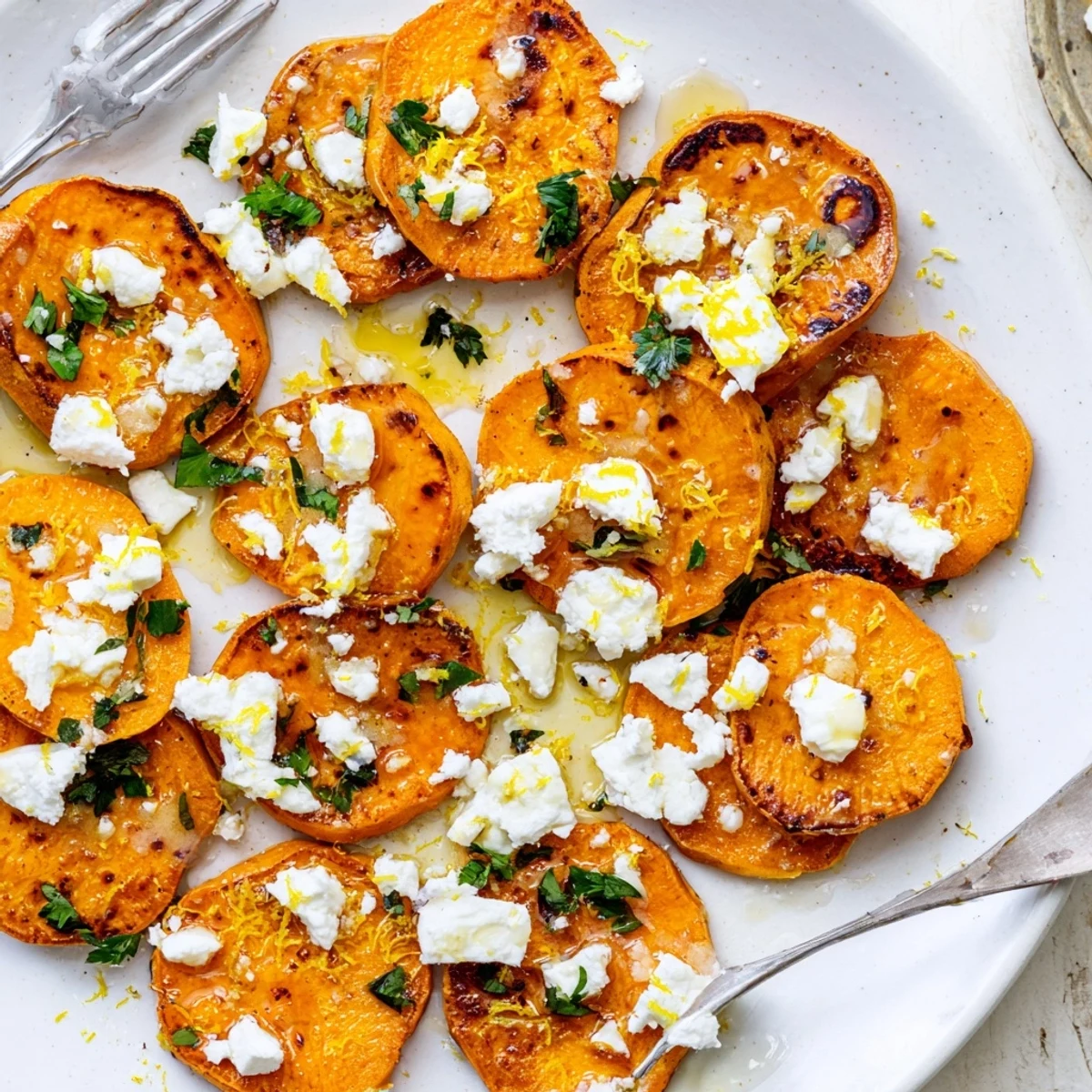 Golden roasted sweet potato rounds topped with crumbled feta cheese and sweet honey drizzle