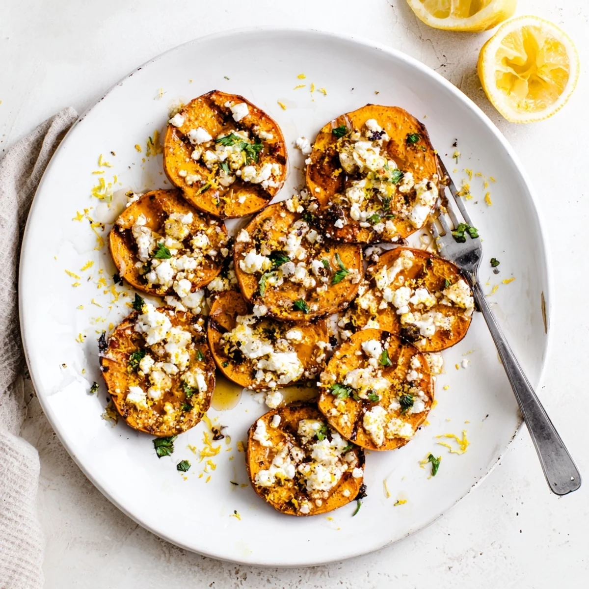 Easy roasted sweet potato rounds appetizer sprinkled with fresh parsley and honey feta topping