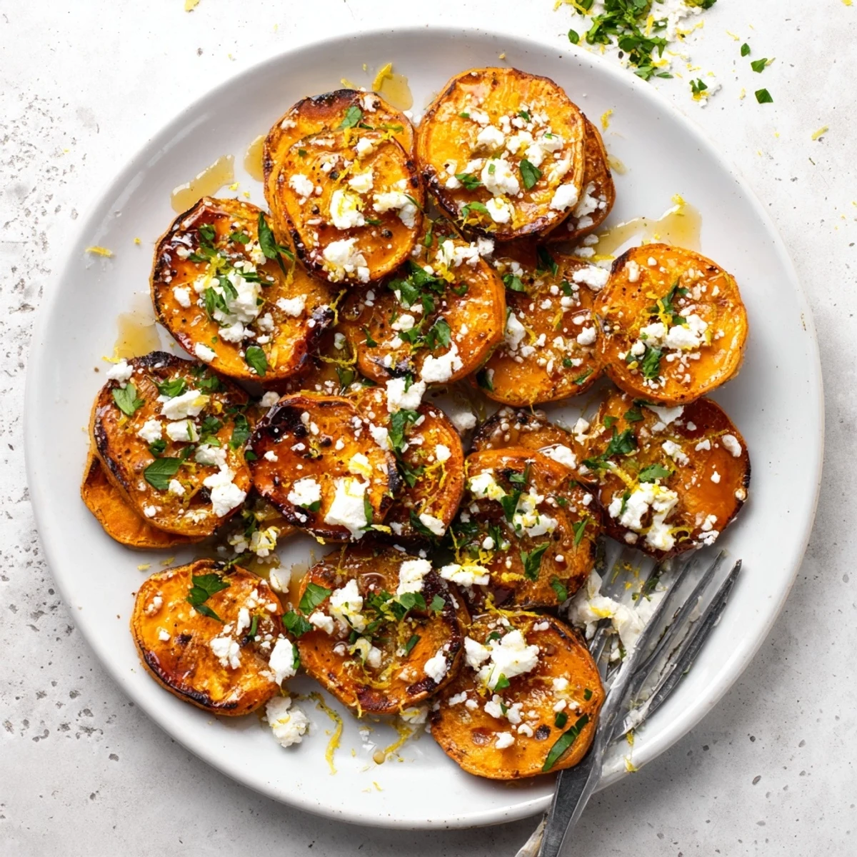 Caramelized Mediterranean-style roasted sweet potato rounds with creamy feta and golden honey garnish