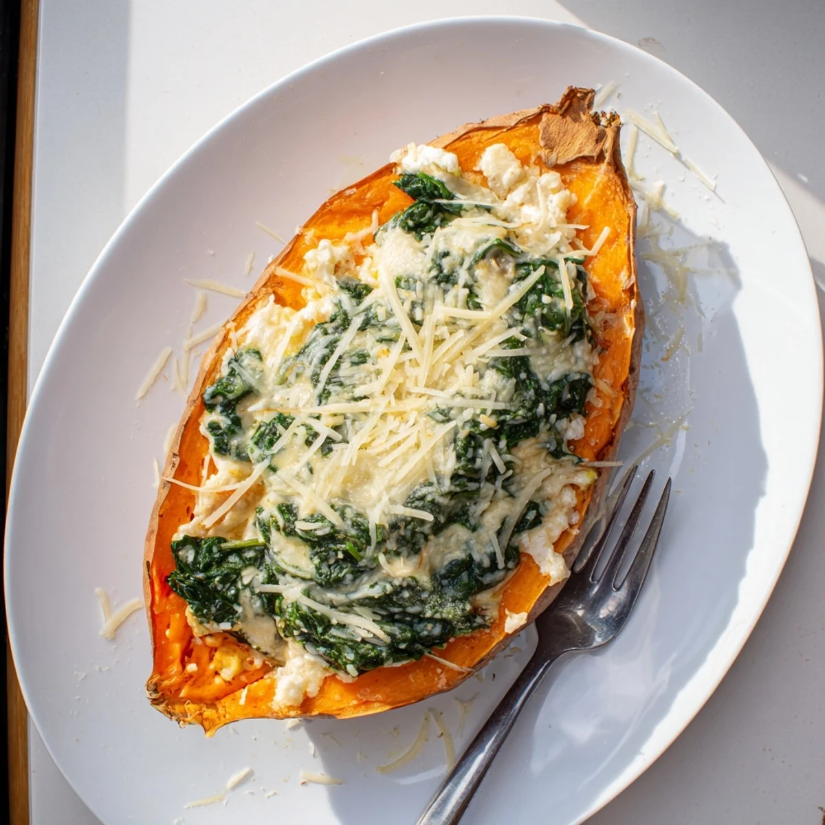 Golden baked sweet potatoes stuffed with creamy spinach ricotta filling, garnished with fresh parsley
