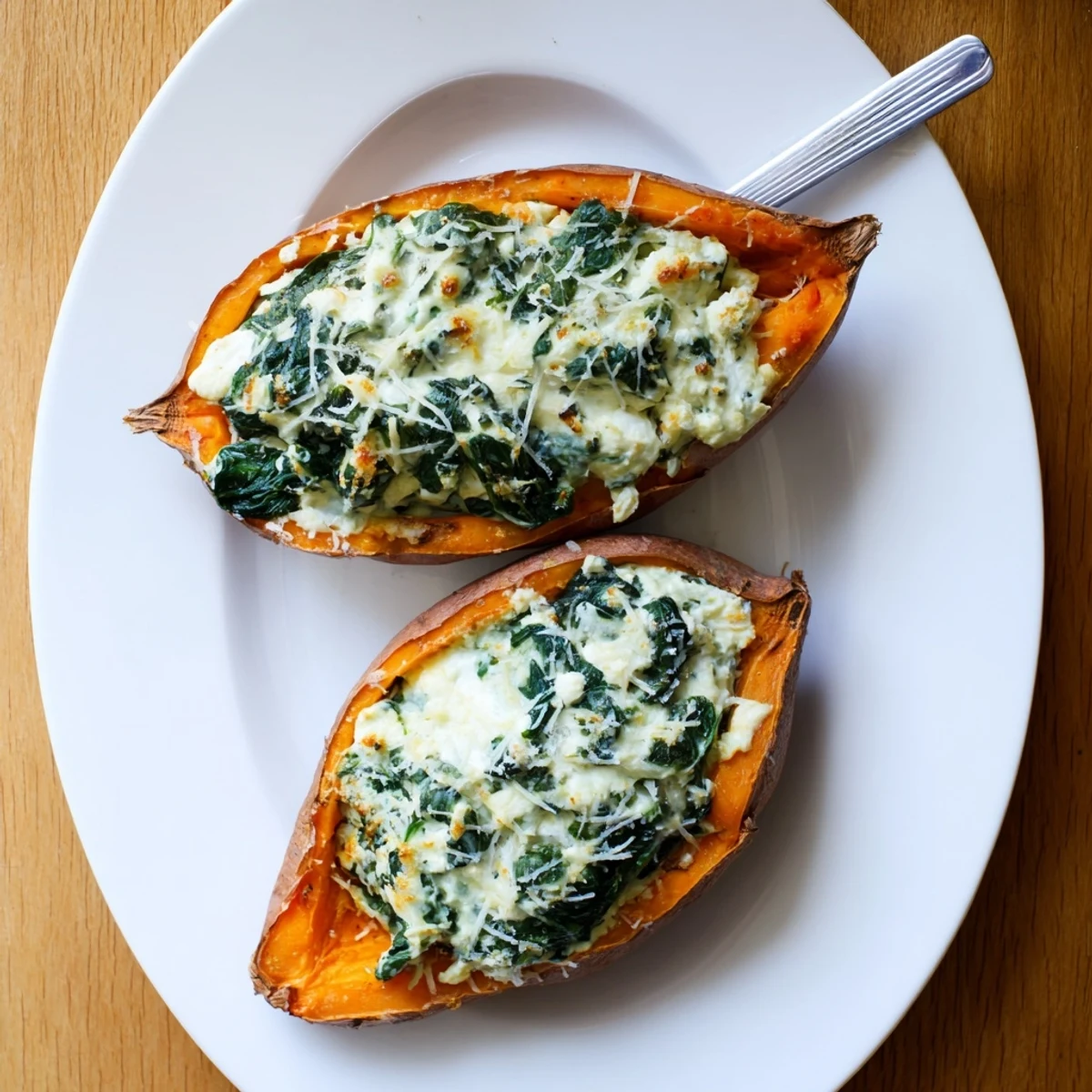 Oven-roasted sweet potato halves topped with warm ricotta and spinach mixture on a white plate