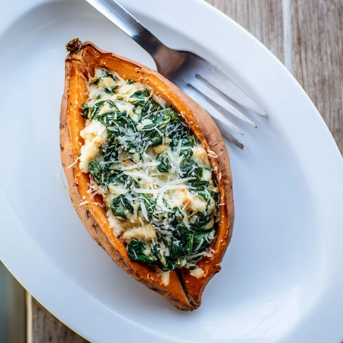 Tender baked sweet potatoes filled with luscious spinach ricotta cheese, ready for a wholesome dinner