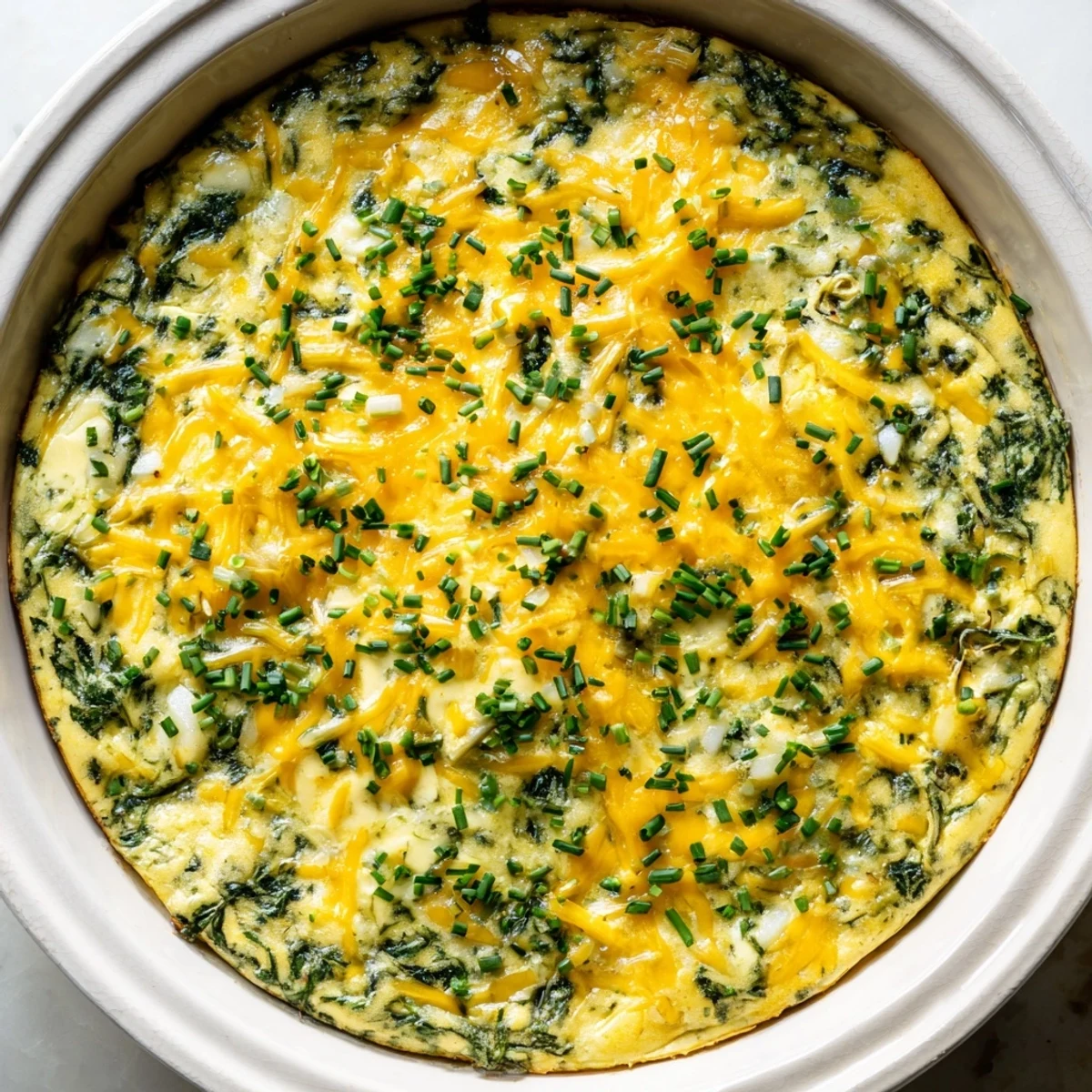 Golden crustless cottage cheese spinach quiche with fresh herbs, baked to perfection in a pie dish