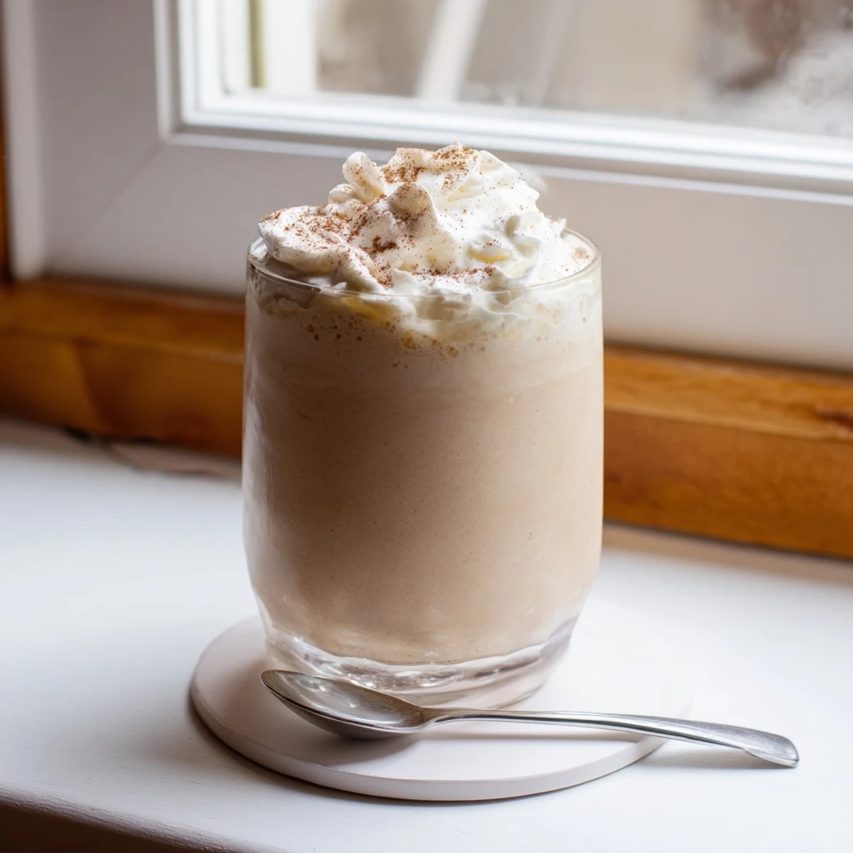 Golden low-carb eggnog spiced with cinnamon and vanilla, garnished with festive nutmeg on a wooden table.
