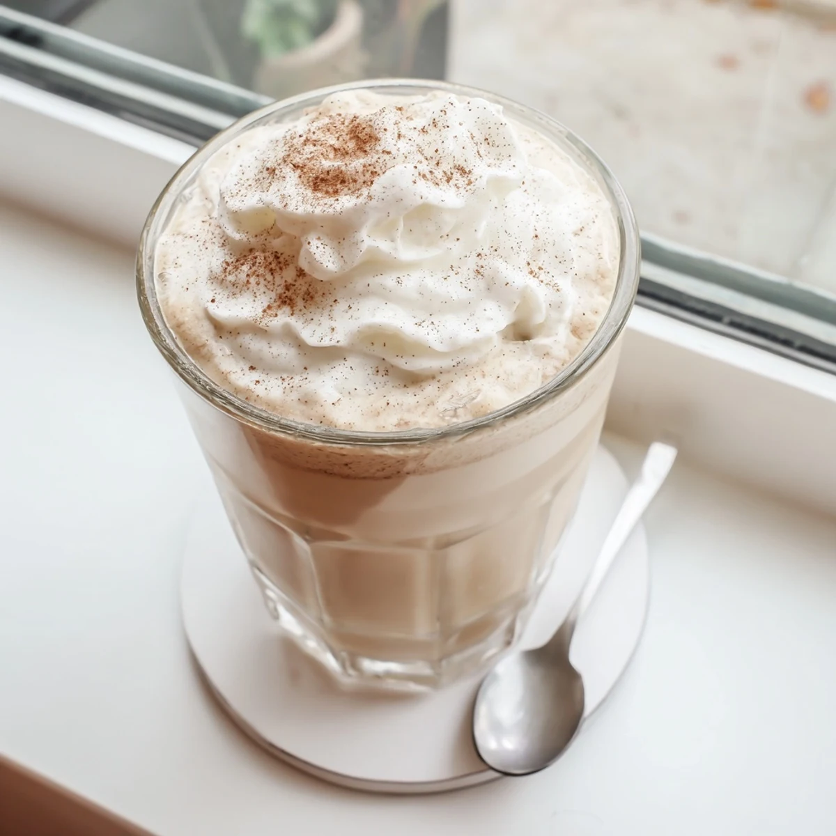 Creamy keto eggnog topped with whipped cream and dusted with ground nutmeg in a clear glass.