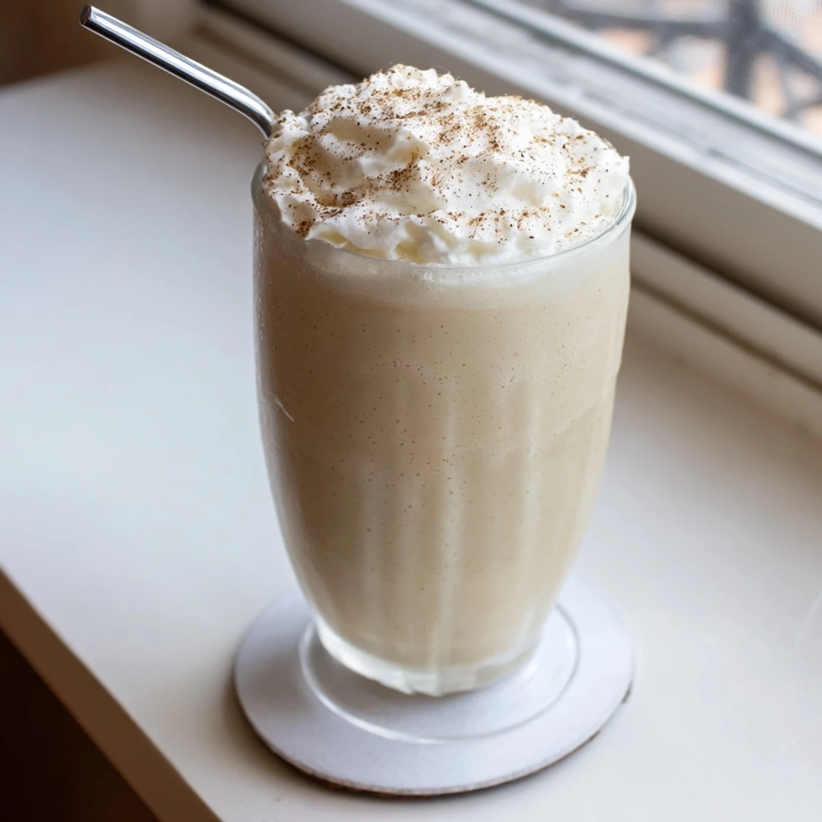 Rich ketogenic holiday eggnog beverage poured into a glass mug with sweetened whipped cream and cinnamon sprinkles.