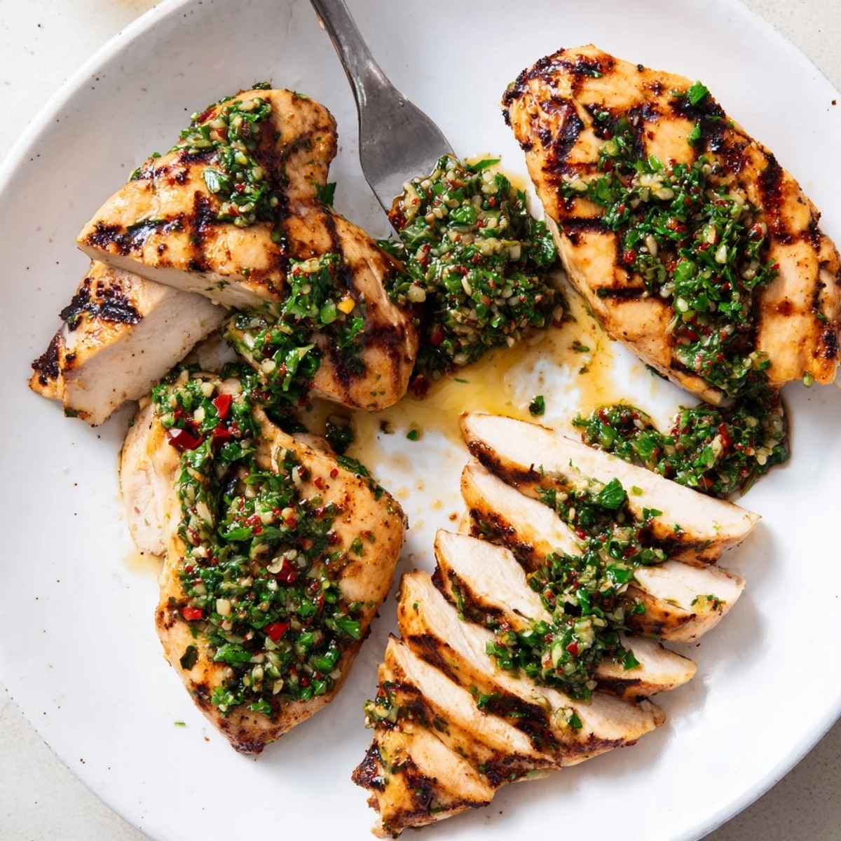 Grilled Chimichurri Chicken sizzling on the grill, glossy herb sauce drizzled  