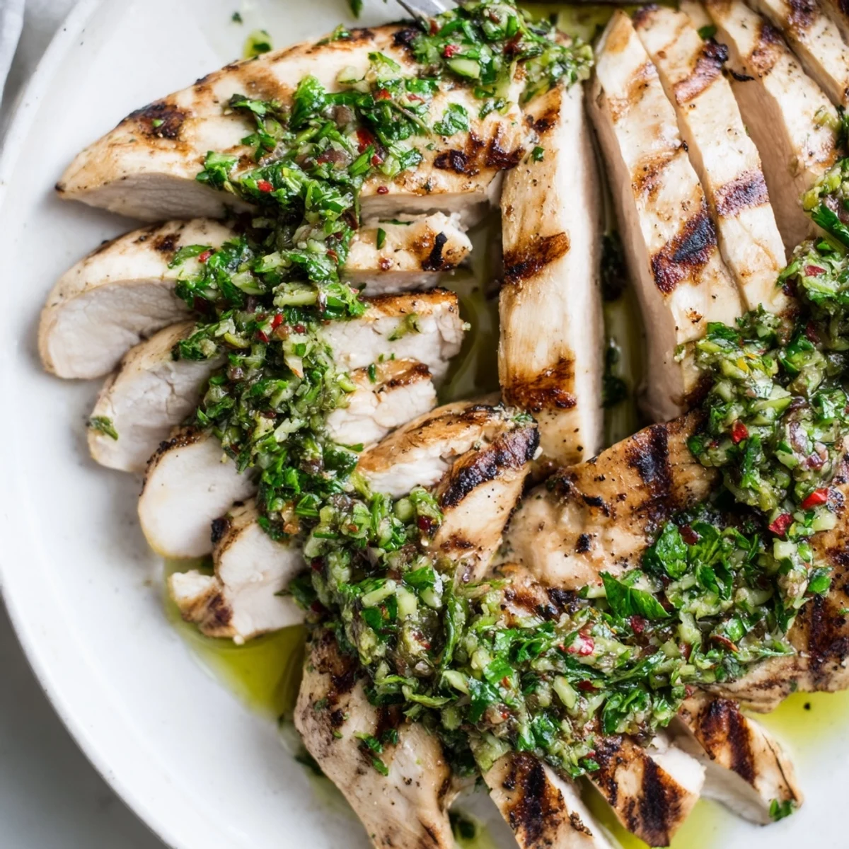 Tender Grilled Chimichurri Chicken sliced on platter, vibrant parsley and garlic  