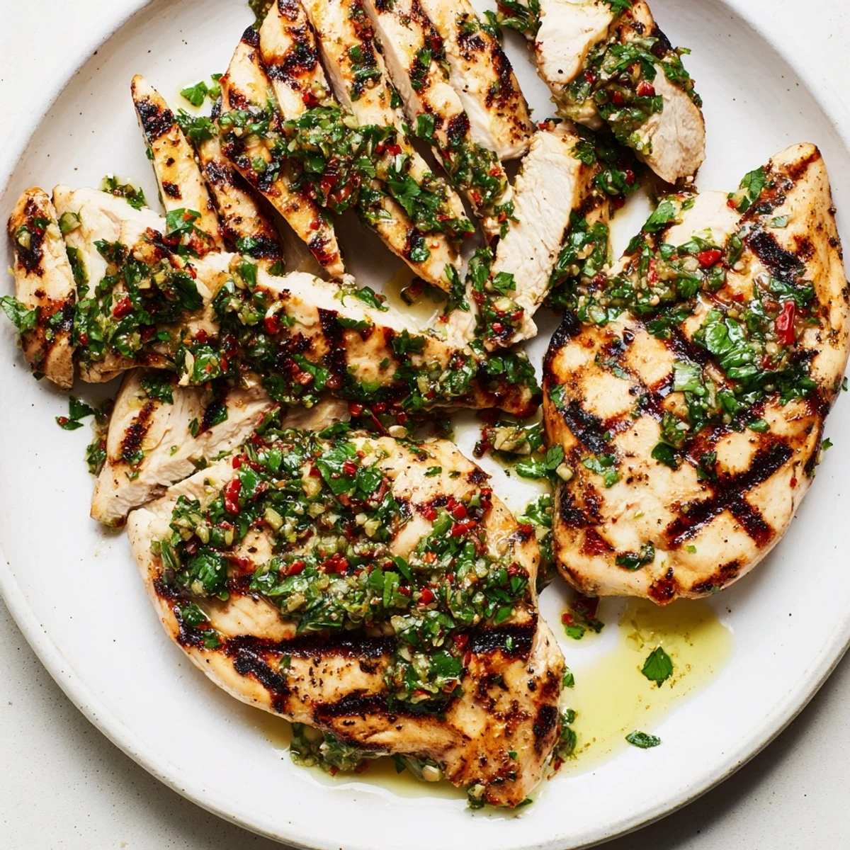Charred edges on Grilled Chimichurri Chicken, zesty green sauce and lime