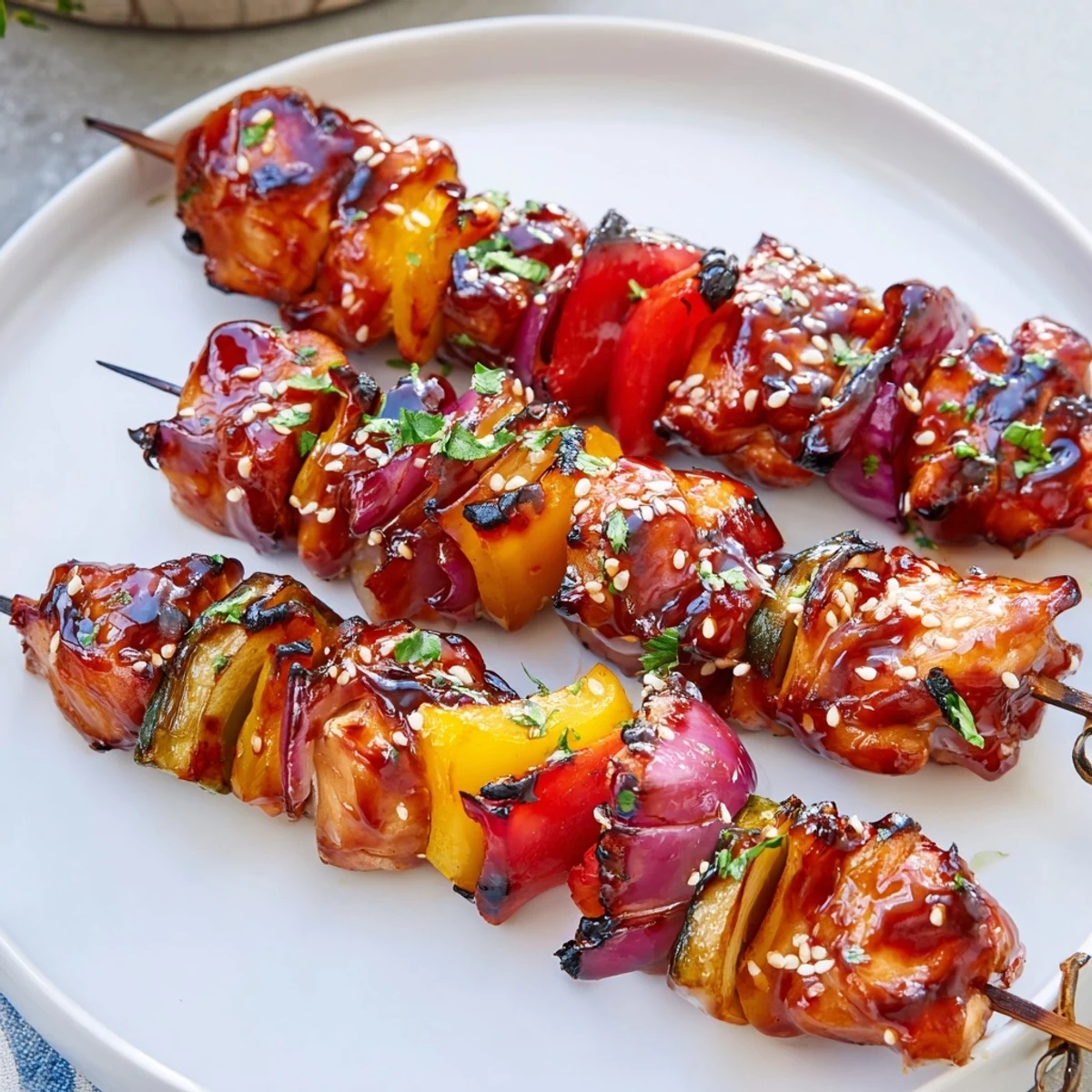 Juicy Honey Garlic BBQ Chicken Skewers glistening with sauce, grilled char and smoke