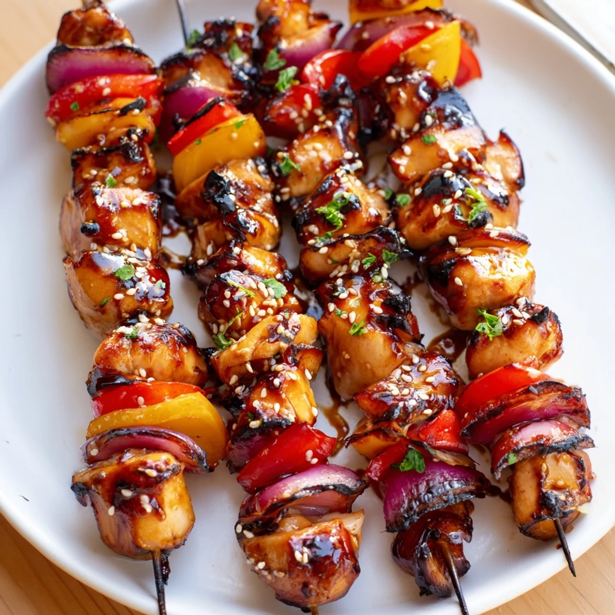 Juicy Honey Garlic BBQ Chicken Skewers glazed, smoke-kissed, plated beside fluffy rice