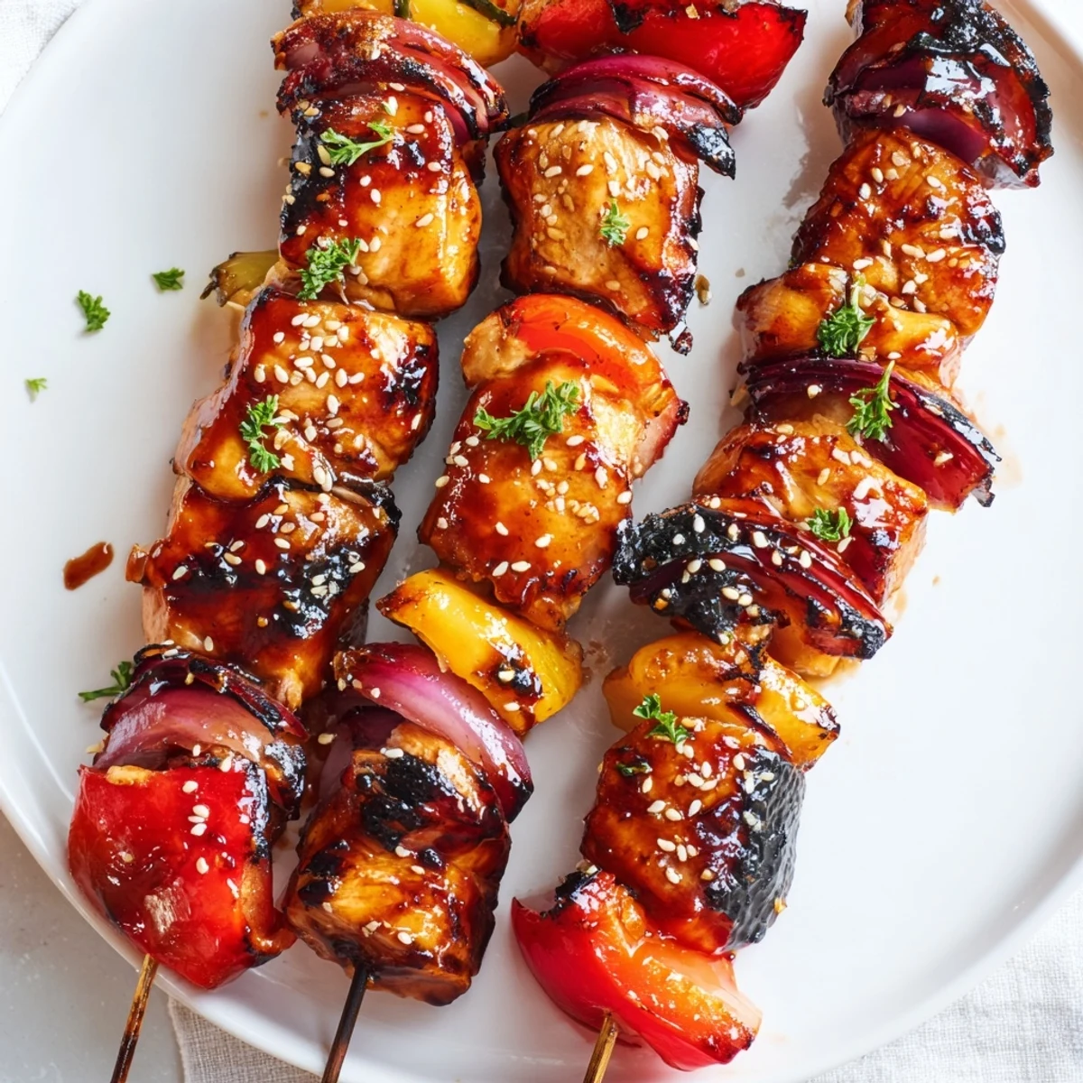 Grilled Juicy Honey Garlic BBQ Chicken Skewers threaded with peppers, served hot
