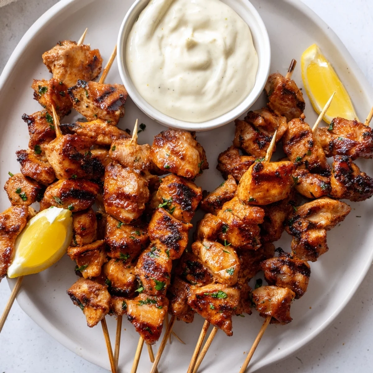 Grilled Chicken Bites With Creamy Garlic Sauce, charred edges and tangy dipping  