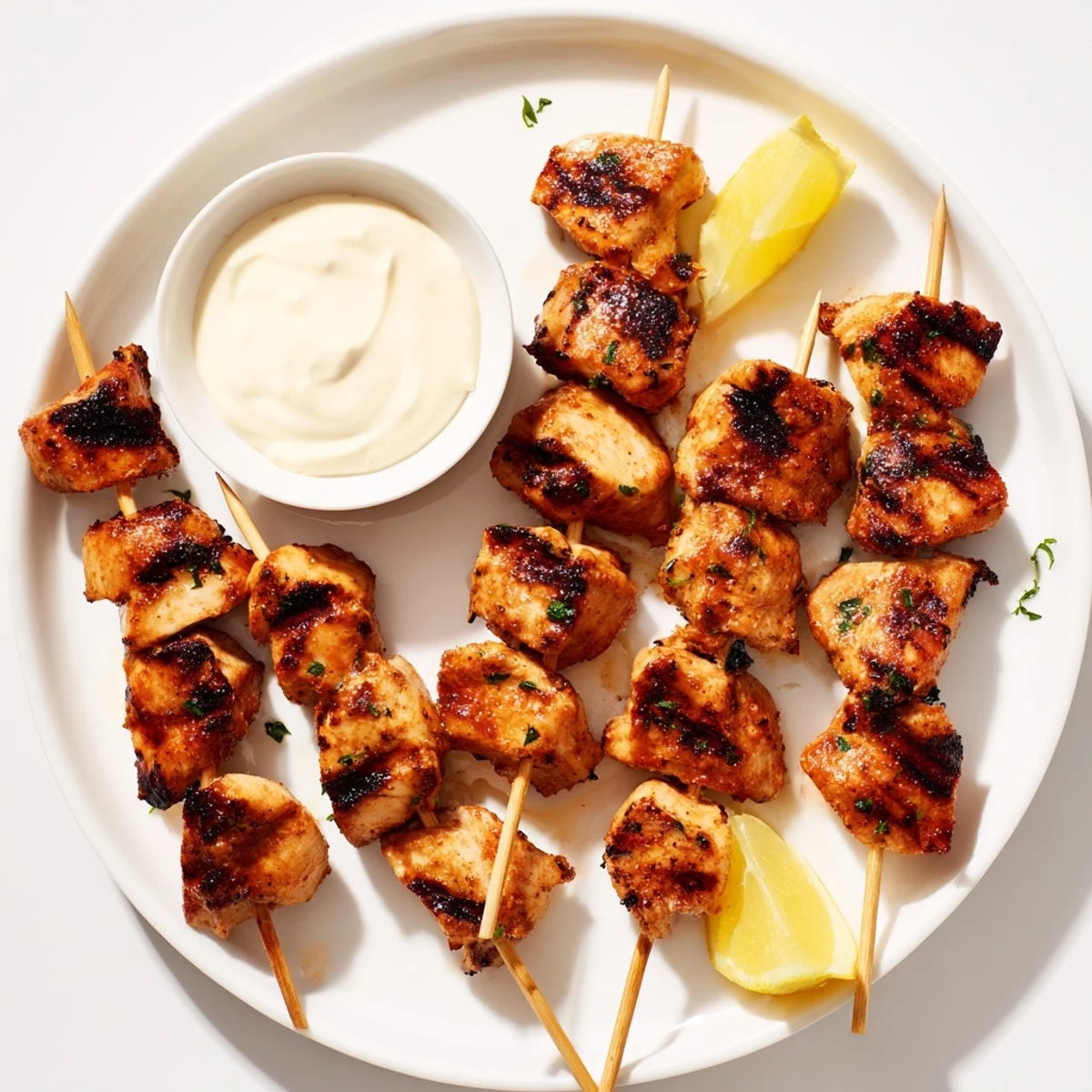 Skewered Grilled Chicken Bites With Creamy Garlic Sauce, smoky juices glistening, lemon  
