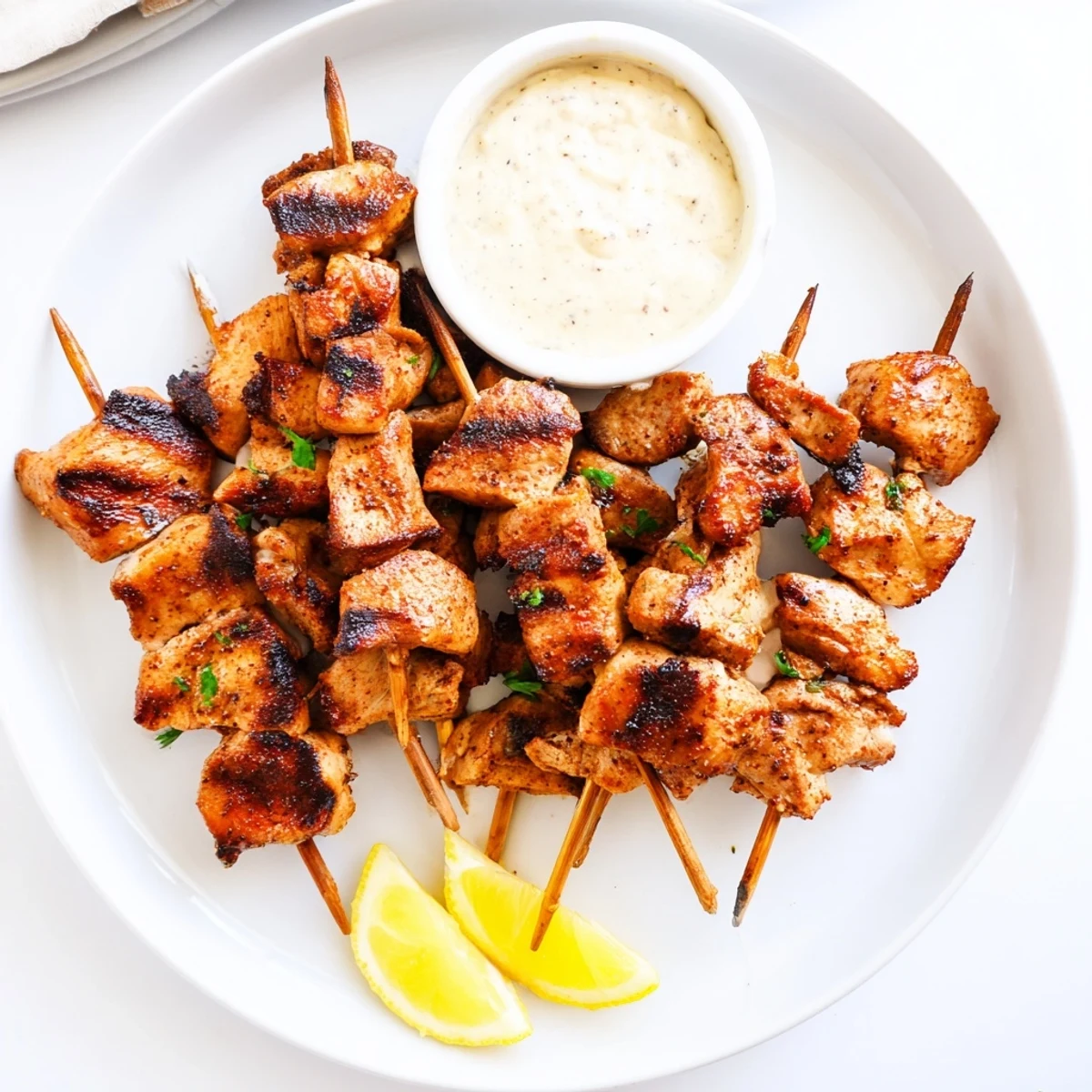 Close-up of Grilled Chicken Bites With Creamy Garlic Sauce, golden char and parsley