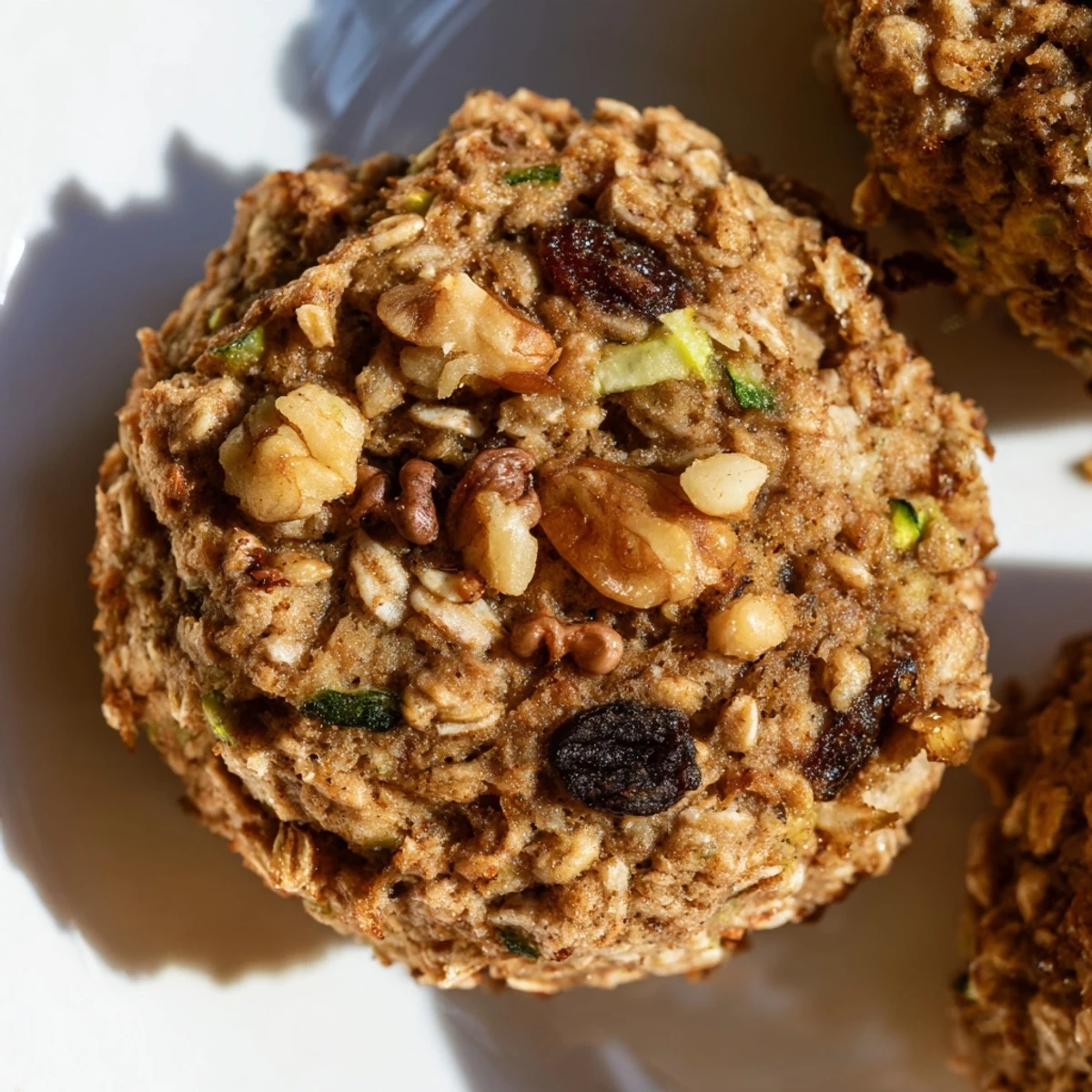 Golden brown zucchini bread breakfast cookies studded with chopped walnuts and plump raisins on a cooling rack