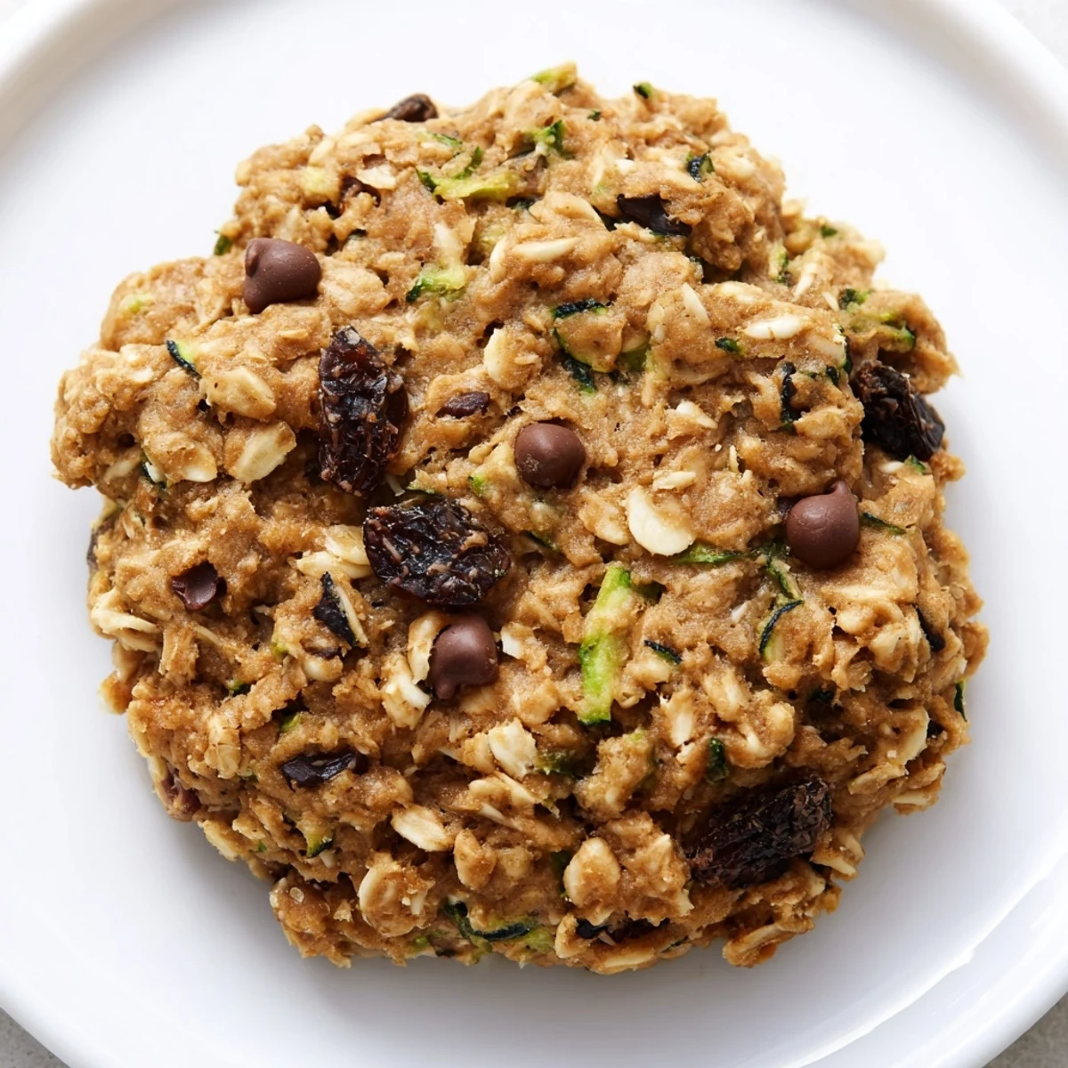 Homemade zucchini bread breakfast cookies topped with melted chocolate chips and served alongside a cup of coffee