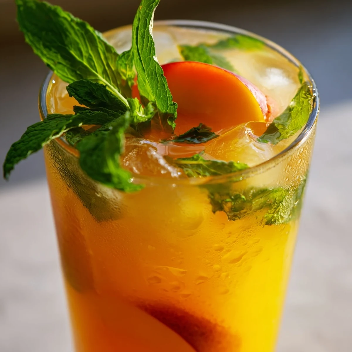 Refreshing peach lemonade drink served over ice with fresh mint and peach slices garnish