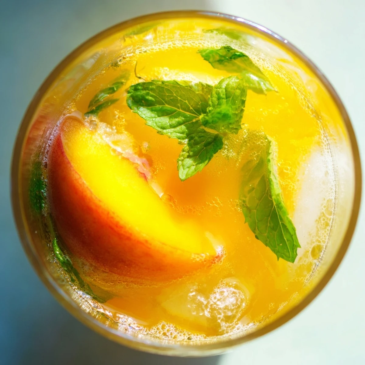 Golden pitcher of peach lemonade displaying vibrant orange hue with floating fruit garnish