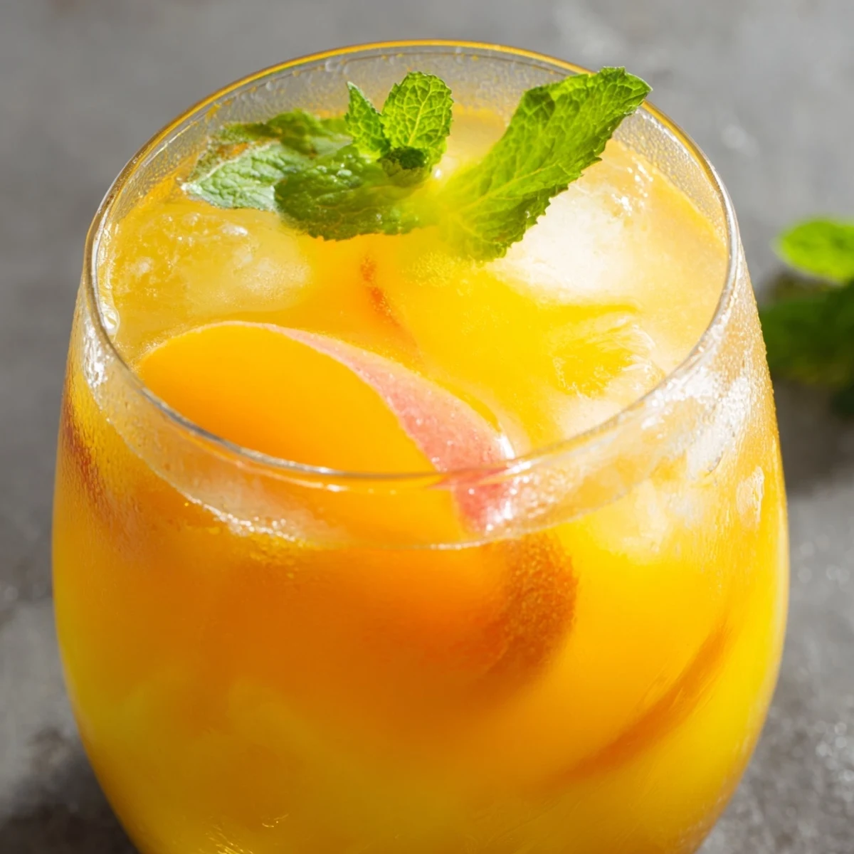 Summer peach lemonade in glass pitcher with fresh peach wedges and lemon wheels