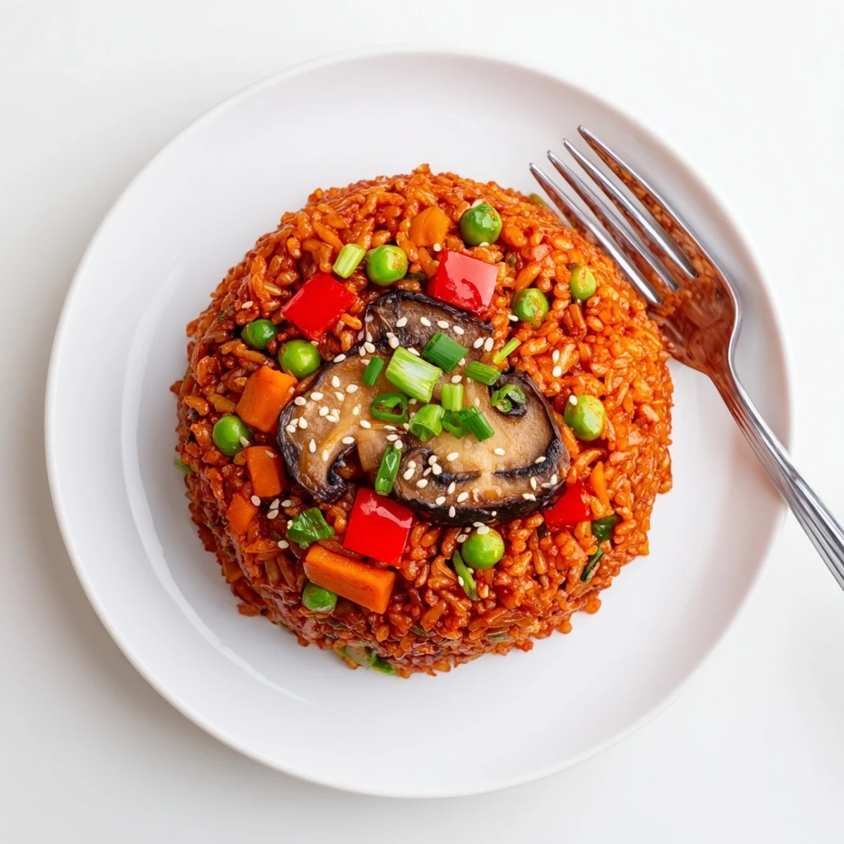 Vegan gochujang fried rice with colorful vegetables in a red spicy sauce