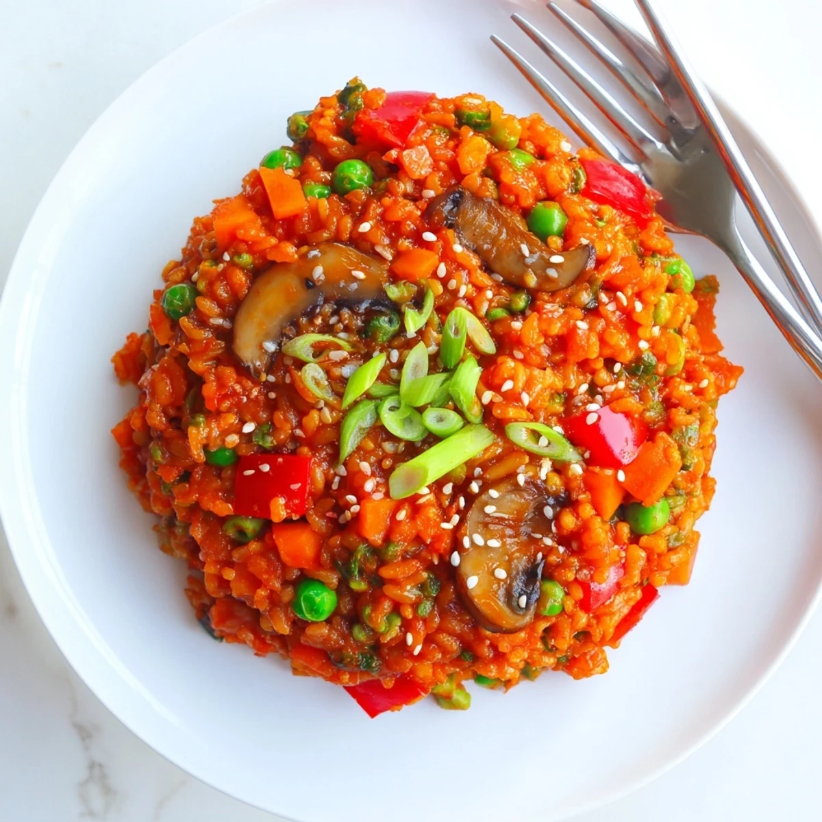 Steaming bowl of Korean-inspired vegan gochujang fried rice topped with sesame seeds