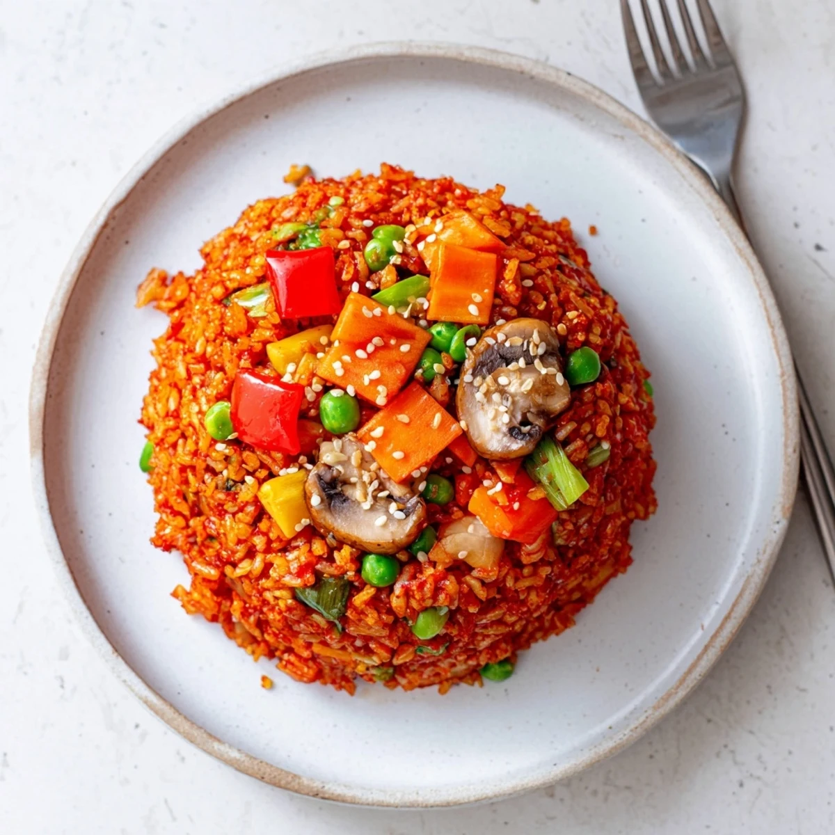 Plate of spicy vegan gochujang fried rice featuring crisp vegetables and aromatic rice