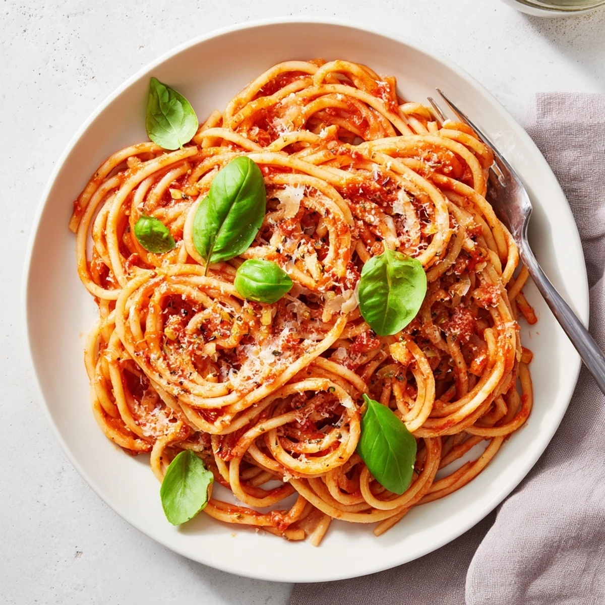 Golden pasta tossed in rich Italian tomato sauce topped with fresh basil and grated Parmesan cheese